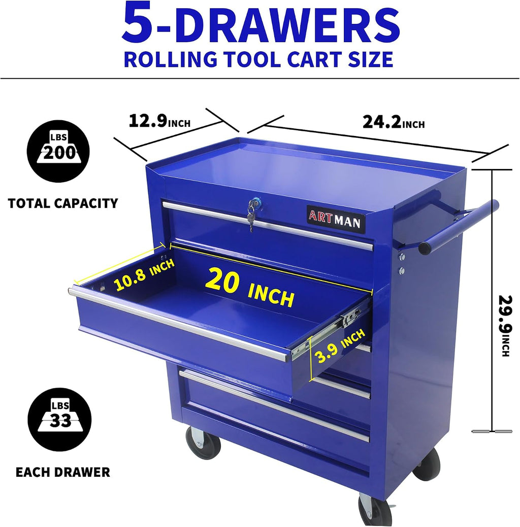 Larmliss 5-Drawer Rolling Tool Cart, Rolling Tool Box on Wheels, Lockable Home Repair Tool Storage Organizer, Tool Chest Cabinet for Mechanic, Garage