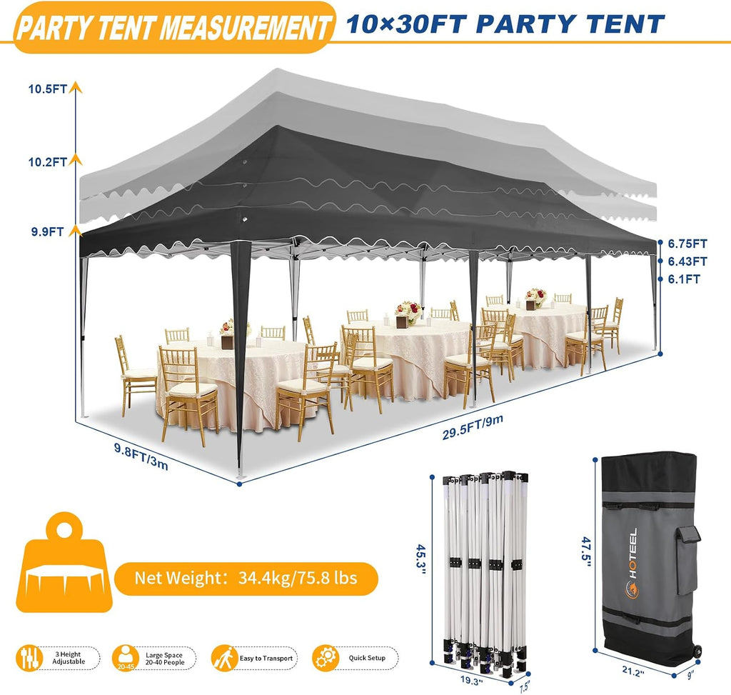 HOTEEL Party Tent 10x30 Pop Up Canopy with 8 Sidewalls, Waterproof UPF50+ for Backyard and Events, Easy Setup with Wheeled Bag & 4 Weight Bags, Extra Height, Black