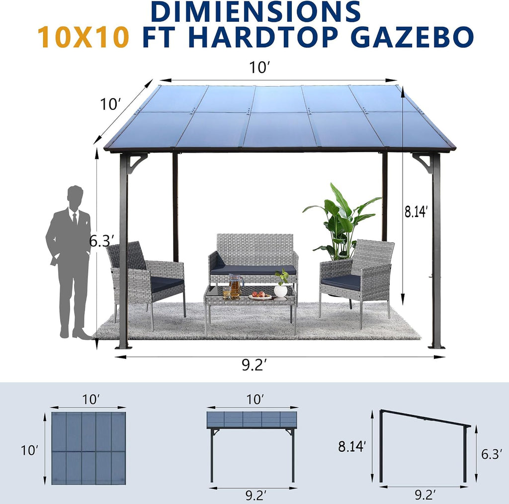10x10 Wall Mounted Metal Pergola Gazebo with Roof, Heavy Duty Outdoor Patio Awning, Weather Resistant Waterproof Steel Lean to Gazebo for Backyard, Deck, Garden Space