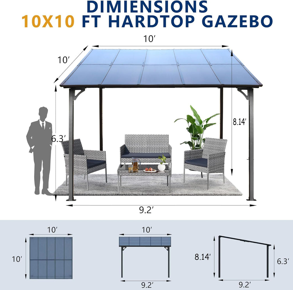 10' x 10' Outdoor Pergola Gazebo, Wall-Mounted Lean to Metal Awning Gazebo with Roof, Large Heavy Duty for Patio, Decks, Backyard (10' x 10')