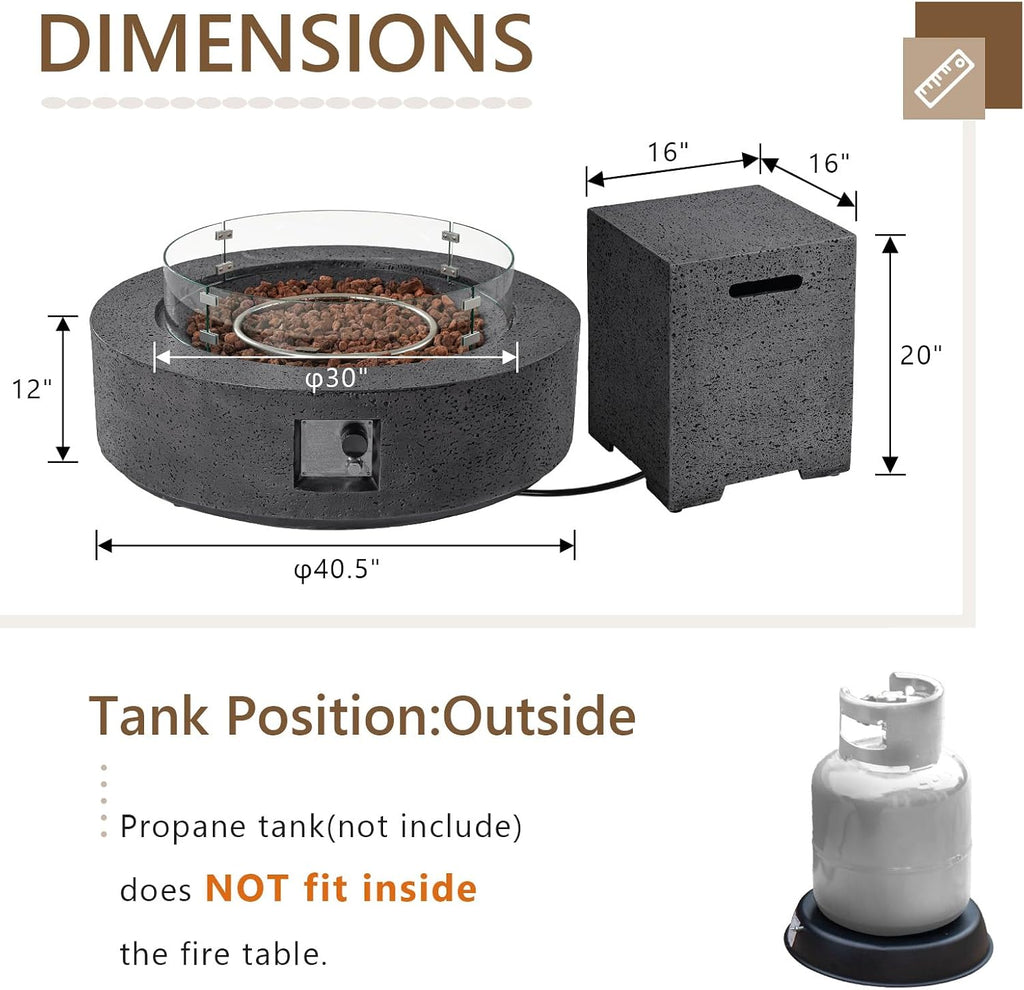 COSIEST 42 inch Outdoor Propane Fire Pit Coffee Table w Concrete Round Base Patio Heater, Certified, 50,000 BTU Stainless Steel Burner, Free Lava Rocks, Rain Cover, Wind Guard, Tank Cover, Gray