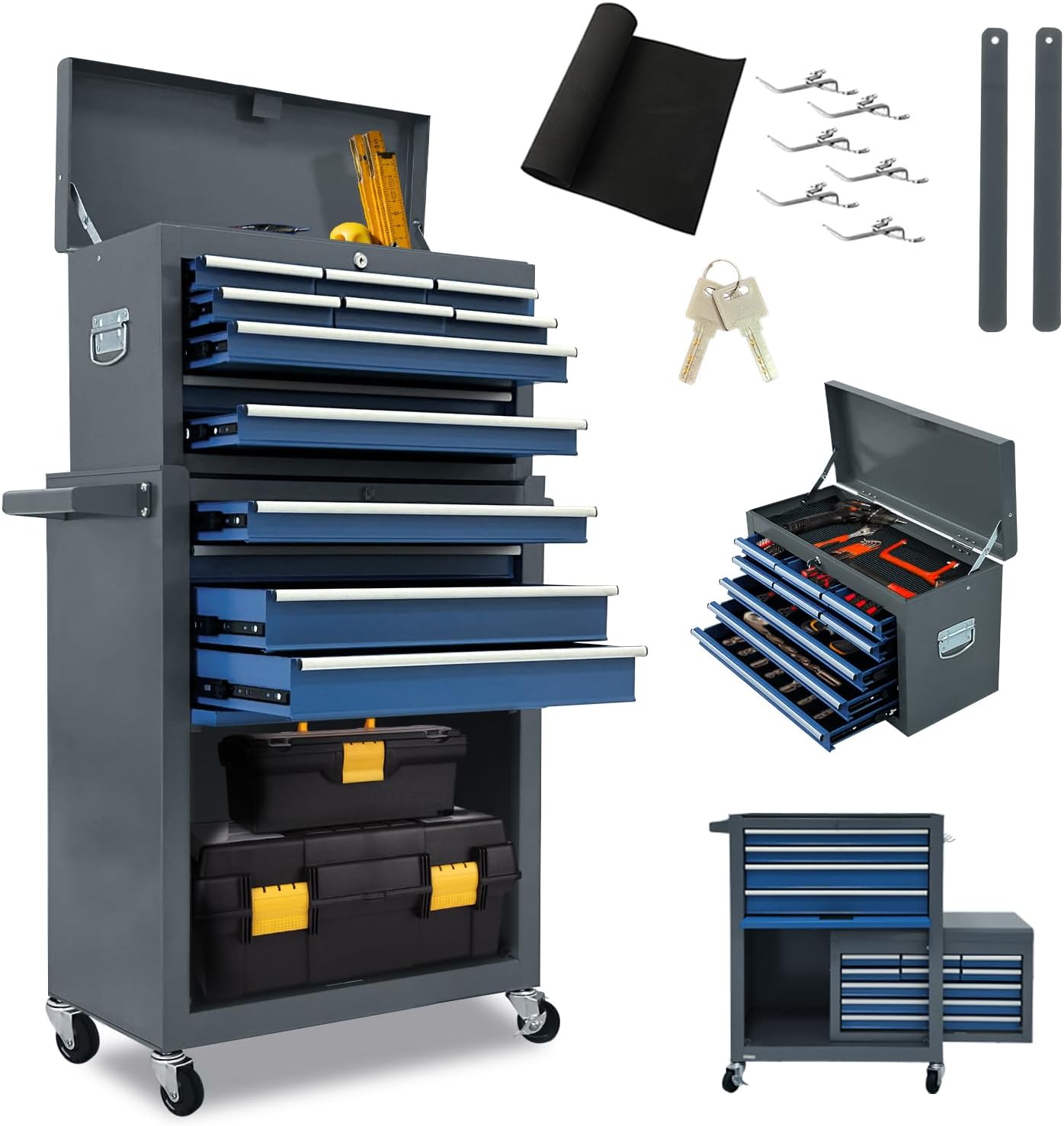 13 Drawers Tool Chest with Wheels,Large Capacity Tool Storage Cabinet with Removable Top Toolbox, Locking Mechanical Tool Cart with Liner,Suitable for Garages, Warehouses-Blue&Grey