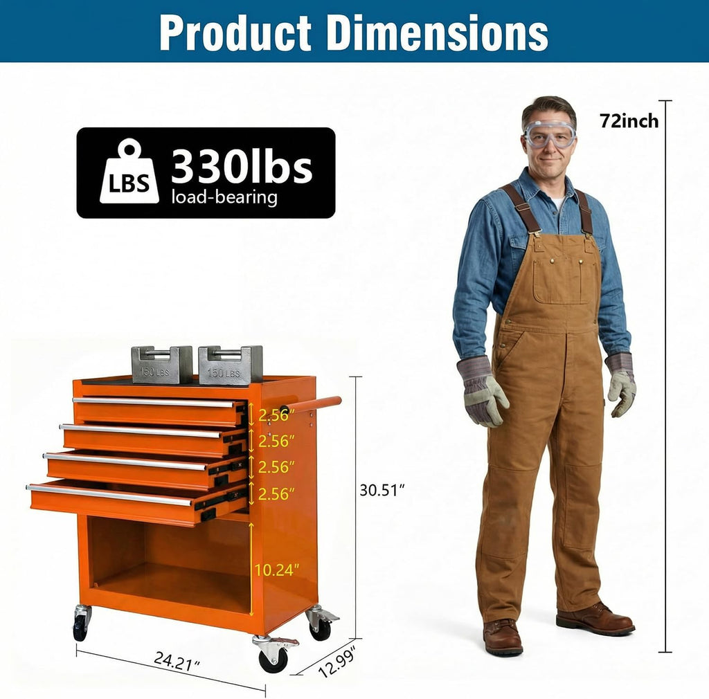 4 Drawers Tool Cart on Wheels, Rolling Tool Box Tool Storage, Drawers Rolling Tool Box Organizer Tool Case for Garage, Warehouse, Workshop, Repair Shop (4 Drawers-Orange)