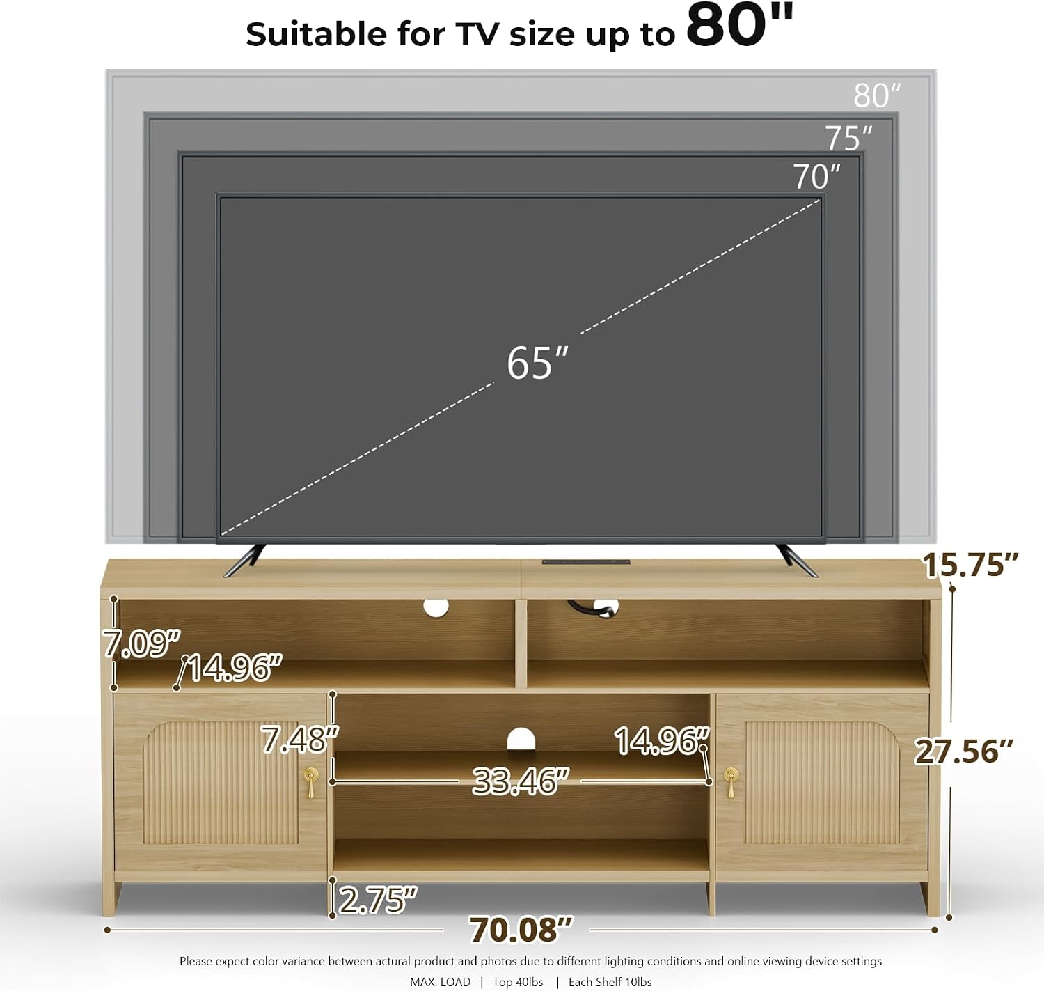 Fluted TV Stands for Living Room, 70' Mid-Century Modern Entertainment Center with LED Lights and Open Storage Shelves, Curved TV Media Console (Natural Oak)