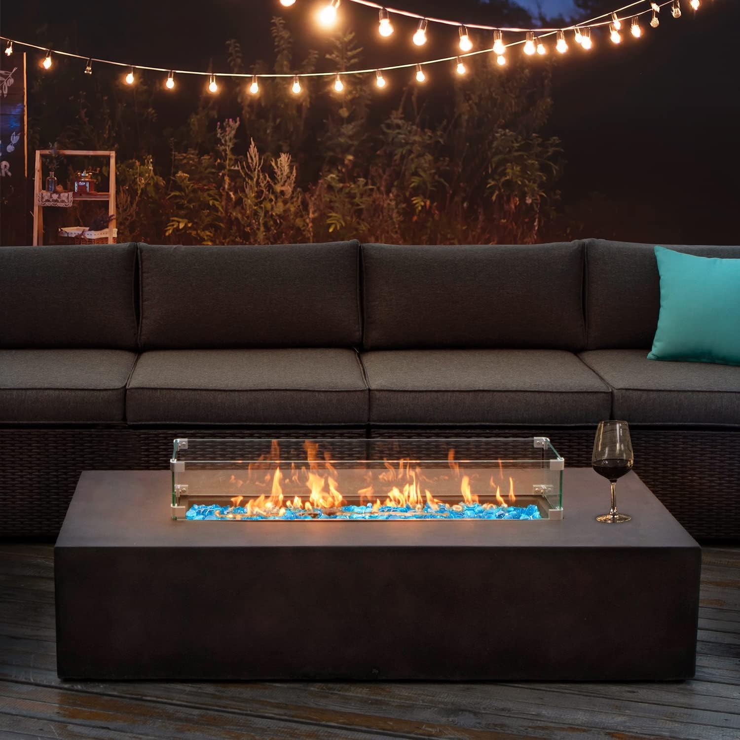 COSIEST Outdoor Propane Fire Pit Table, 56-inch x 28-inch Rectangle Bronze Compact Concrete-Like Finish, Certified, 50,000 BTU Stainless Steel Burner w Blue Fire Glass, Wind Guard, Raincover