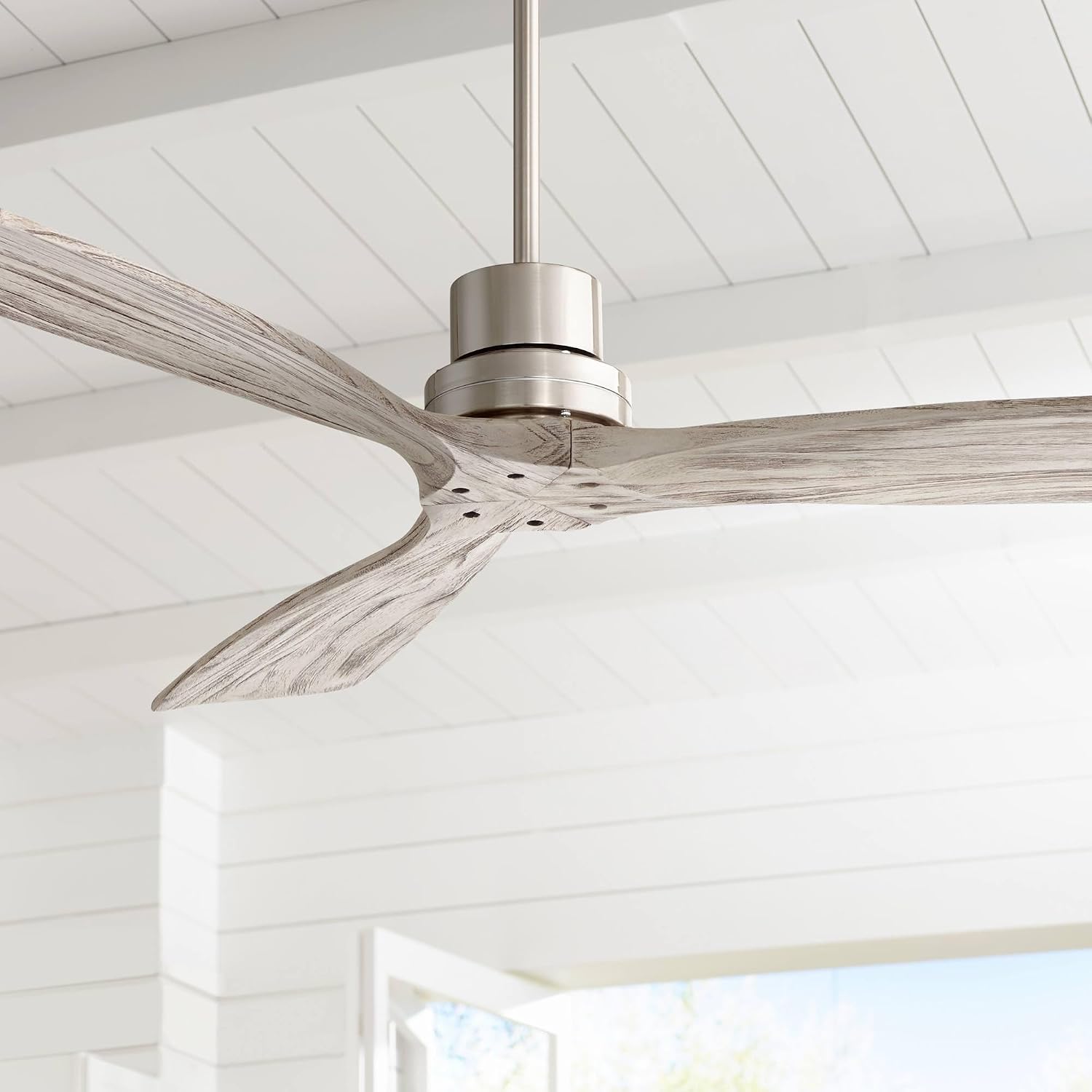Casa Vieja 52' Delta-Wing DC Modern 3 Blade Indoor Ceiling Fan with Remote Brushed Nickel Silver Gray Solid Wood Damp Rated for Patio Exterior House Home Porch Gazebo Garage Barn - 18' Downrod
