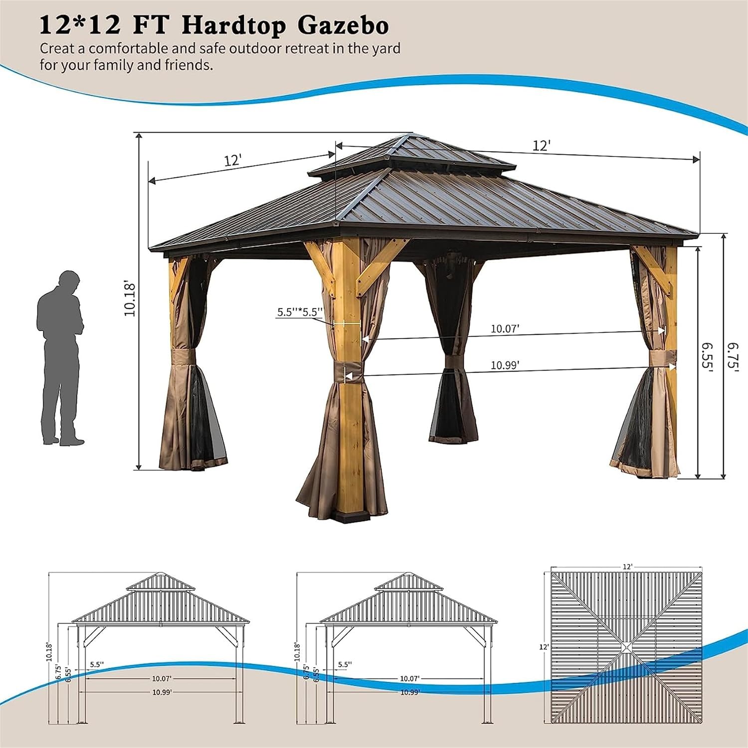 12'x12' Hardtop Gazebo with Cedar Wood Frame, Outdoor Wood Gazebo with Galvanized Steel Double Roof, Permanent Metal Roof Gazebo with Curtains and Netting for Patio, Backyard and Lawn(Brown)
