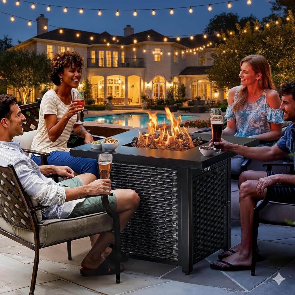 Ciays 28-Inch Propane Fire Pit – 50,000 BTU Outdoor Gas Steel Fire Table with Lid & Lava Rock, Adds Warmth & Ambience to Gatherings & Parties on Patio, Deck, Garden & Backyard