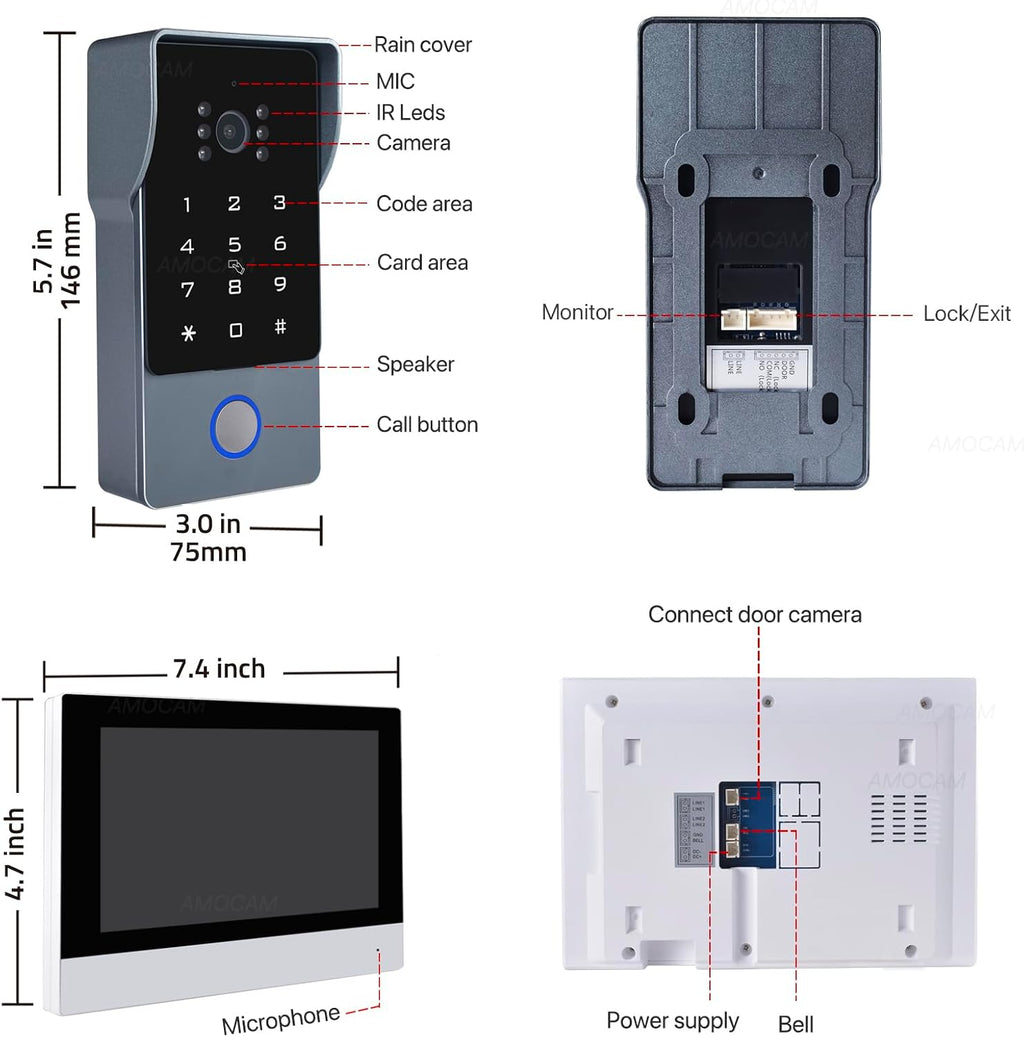 2-Wires Video Intercom System, 7 Inch 1080P WiFi Touch ScreenVideo Doorbell Doorphone System, 32G Card, Snapshot, Monitoring, Code Password Tuya App IC Card Unlock for Home Apartment