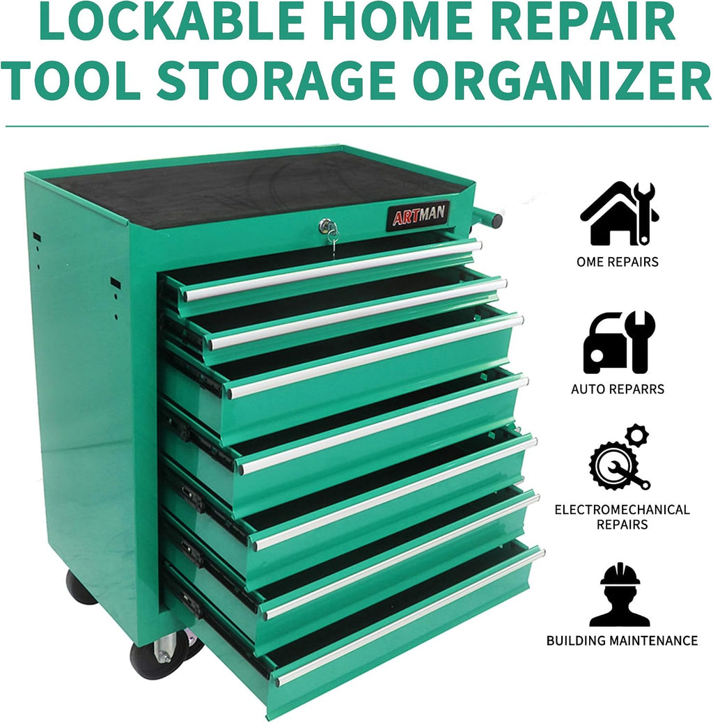 Larmliss 7 Drawers Rolling Tool Box，Tool Cart on Wheels，Locked Drawers Storage Organizer Cabinet for Garage, Warehouse, Repair Shop, Workshop