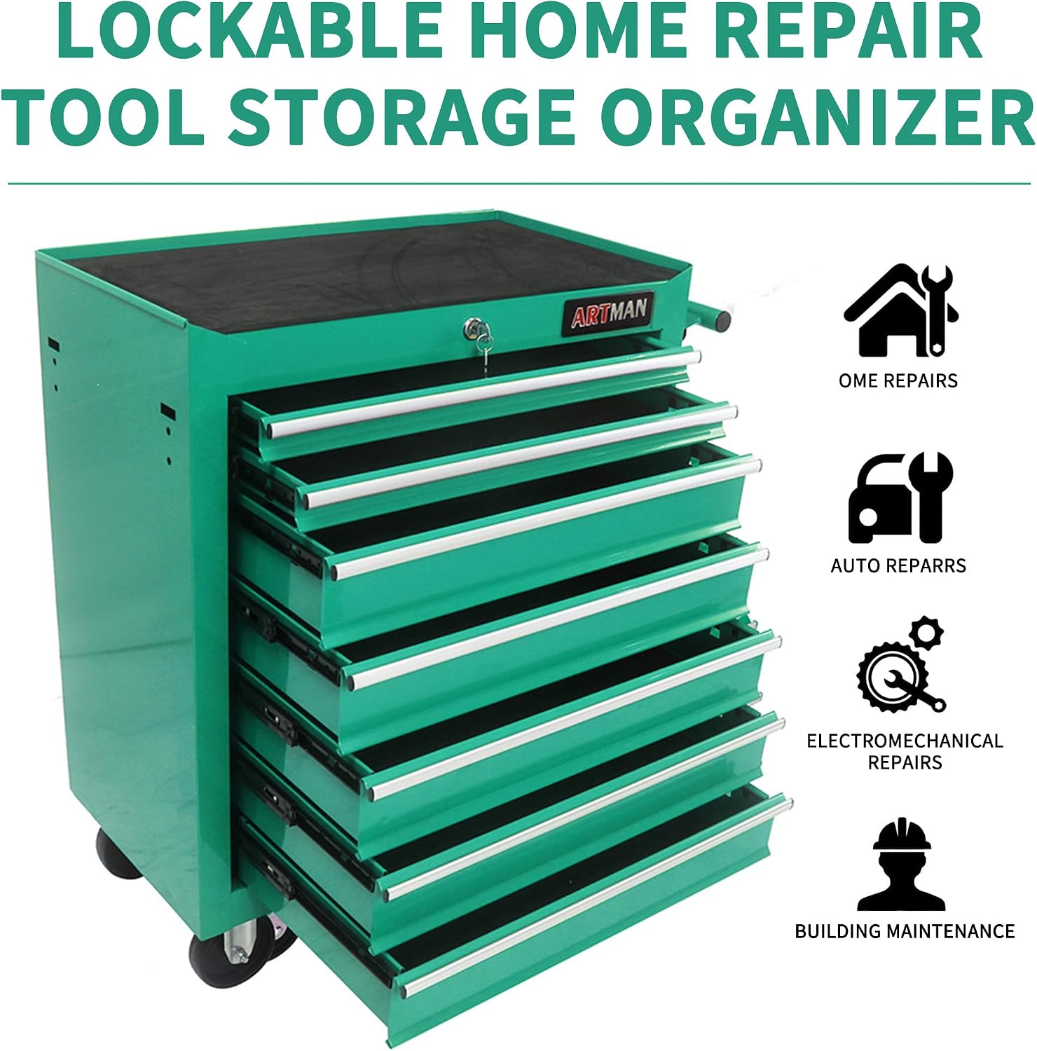 Larmliss 7 Drawers Rolling Tool Box，Tool Cart on Wheels，Locked Drawers Storage Organizer Cabinet for Garage, Warehouse, Repair Shop, Workshop