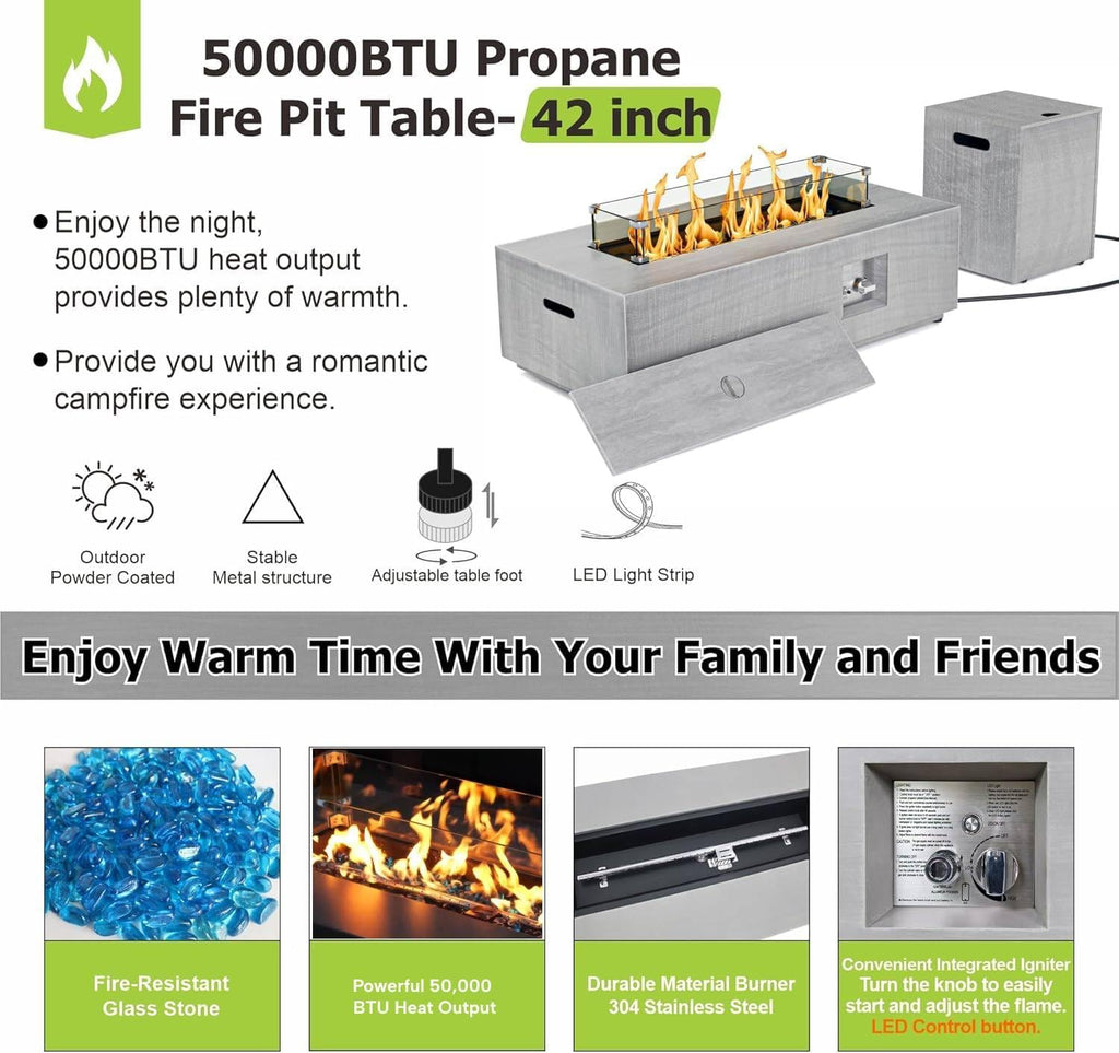SUNPEAK 42' Propane Fire Pit Table with RGB LED Light 50,000 BTU Patio Propane Fire Pit Table Includes Wind Guard, Lid, Rocks & Cover - Deck Firepit - Chimenea de Gas (Light Gray/RGB Light, 42' LED)