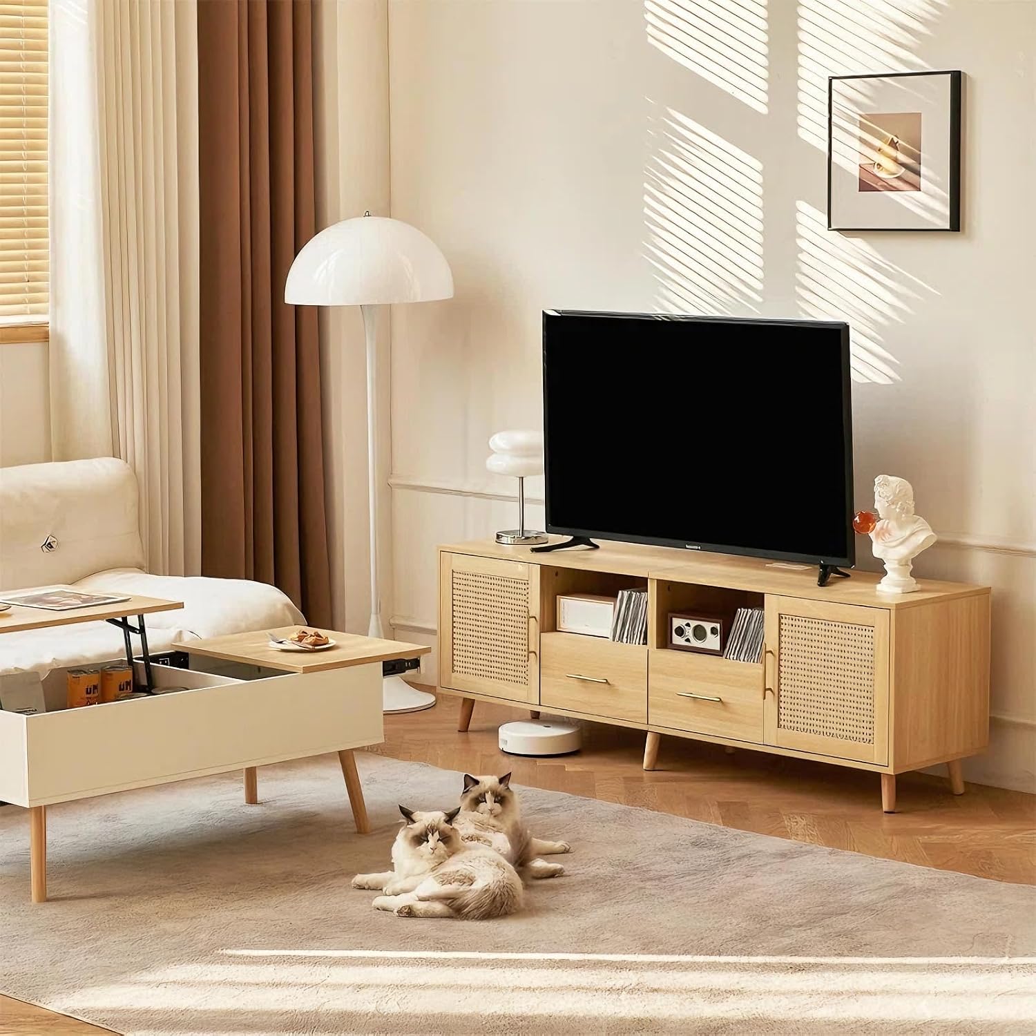 Rattan TV Stand for 70 Inch TV, 63' Modern Entertainment Center with LED Light, Outlet, Storage Shelves, 2 Drawers and Cabinets, Rattan Door, Boho TV Stand with Outlet for Living Room, Wood