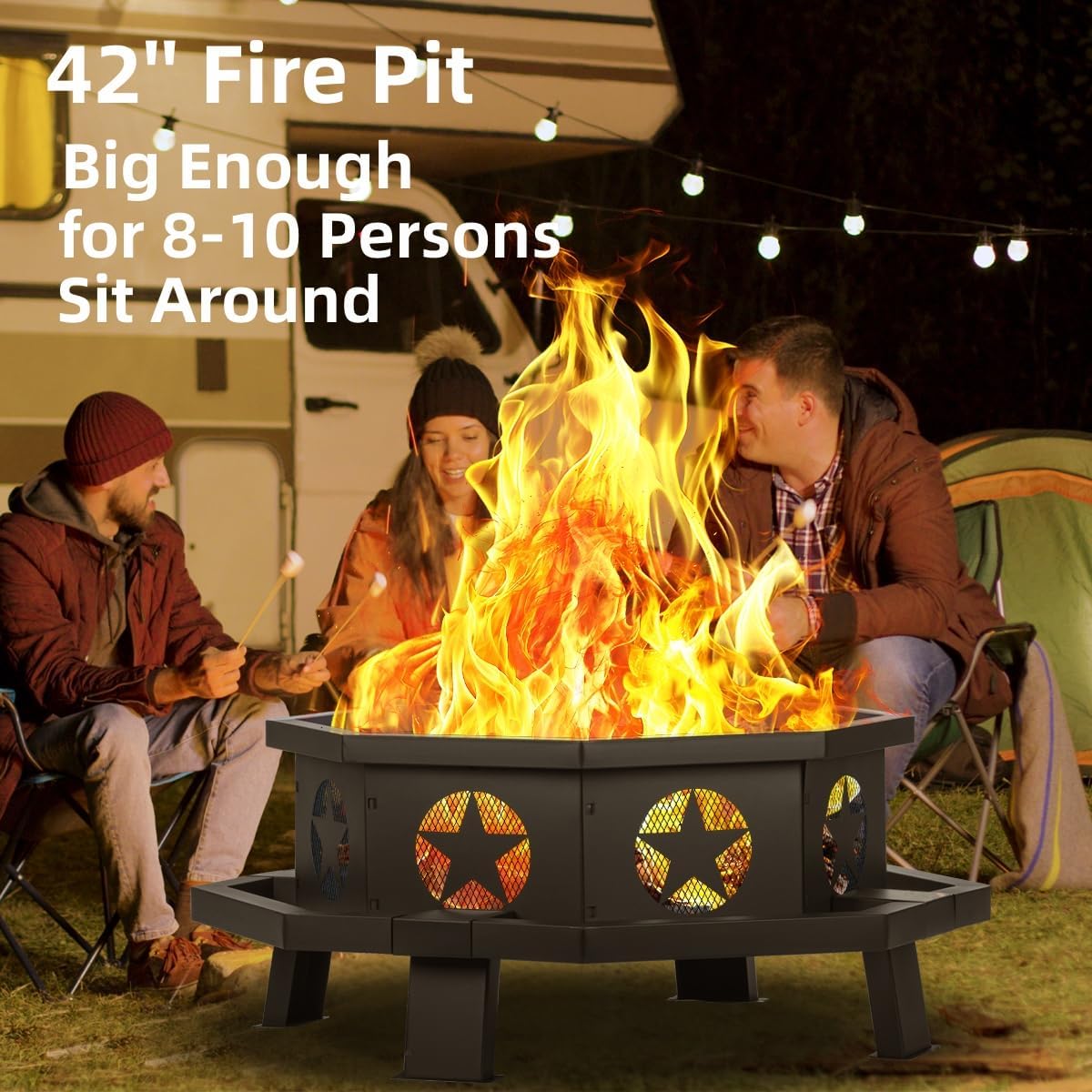 Panovue 42 inch Fire Pit for Outside, Heavy Duty Wood Burning Fire Pits with Fire Poker, Outdoor Octagonal Firepit for Camping, Yard, Patio
