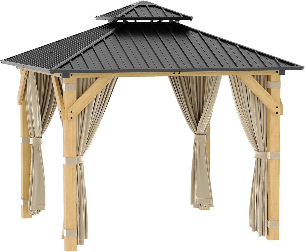 10 x 10 Ft Wood Gazebo, Hardtop Gazebo with Galvanized Steel Peak Roof, Outdoor Pavilion with Curtains and Netting, Patio Permanent Wooden Pavilion, Shade for Garden, Patio, Deck