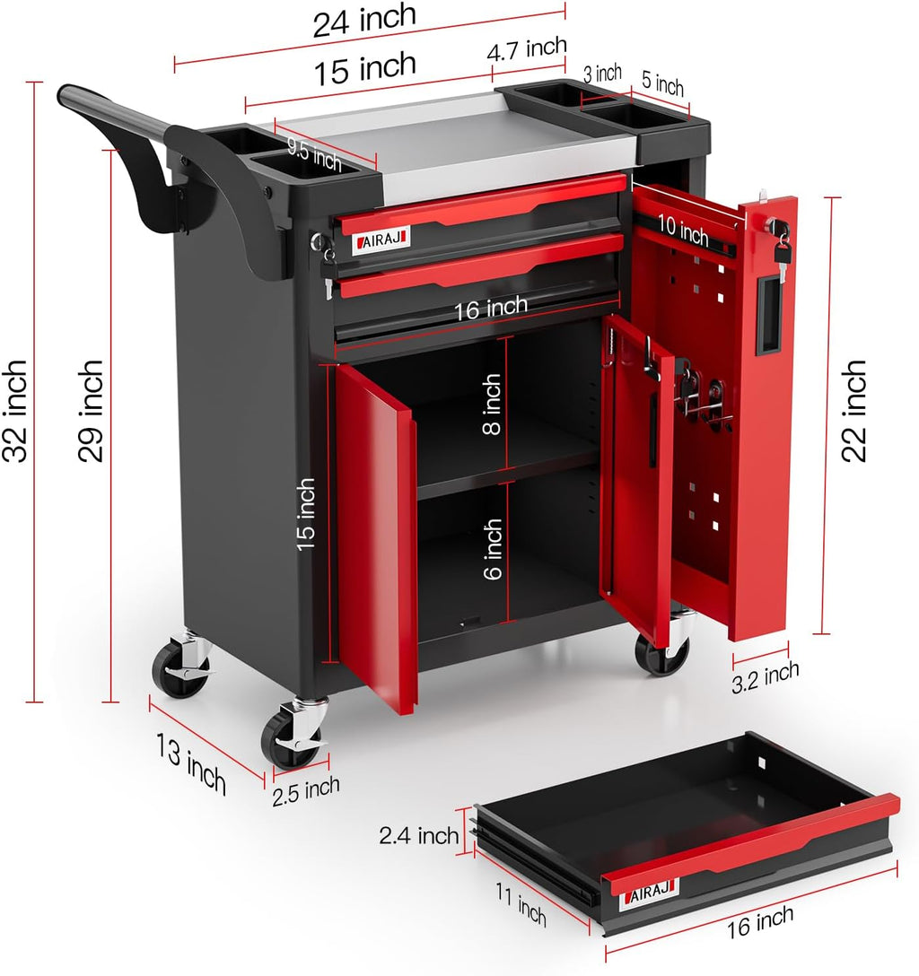 Tool Chest 2-Drawer | Rolling Tool Chest with Wheels/Side Drawer | Drawers Integrated Lockable | Tool Cart/Cabinet with Drawers for Garage Storage,Workshop | Safety Rounded Corner Anti-collision | Red