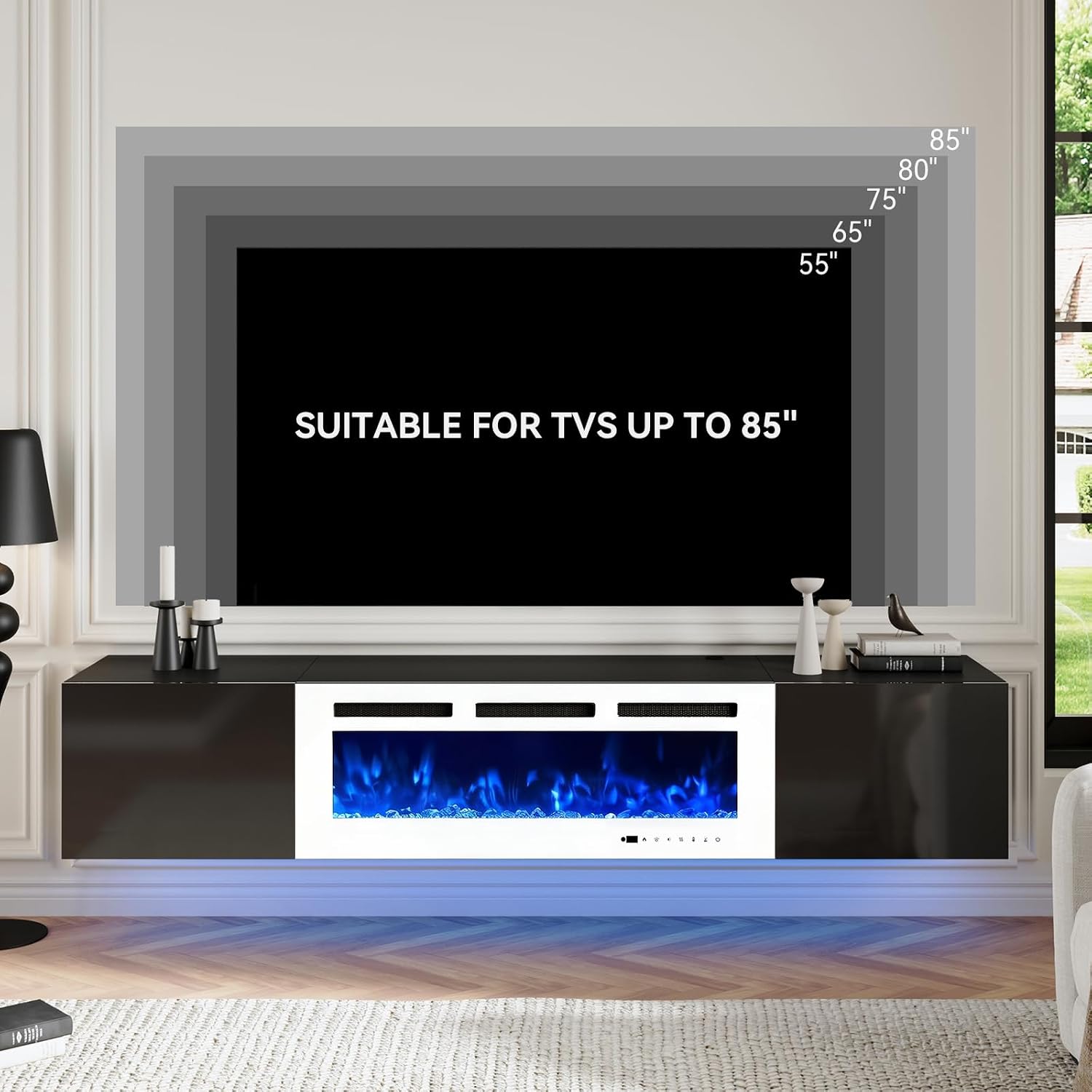 oneinmil 80' Floating TV Stand with 40' Electric Fireplace, Modern Entertainment Center with Storage, Adjustable 12-Color LED Lights, Fire Place TV Console for Living Room, Black+White