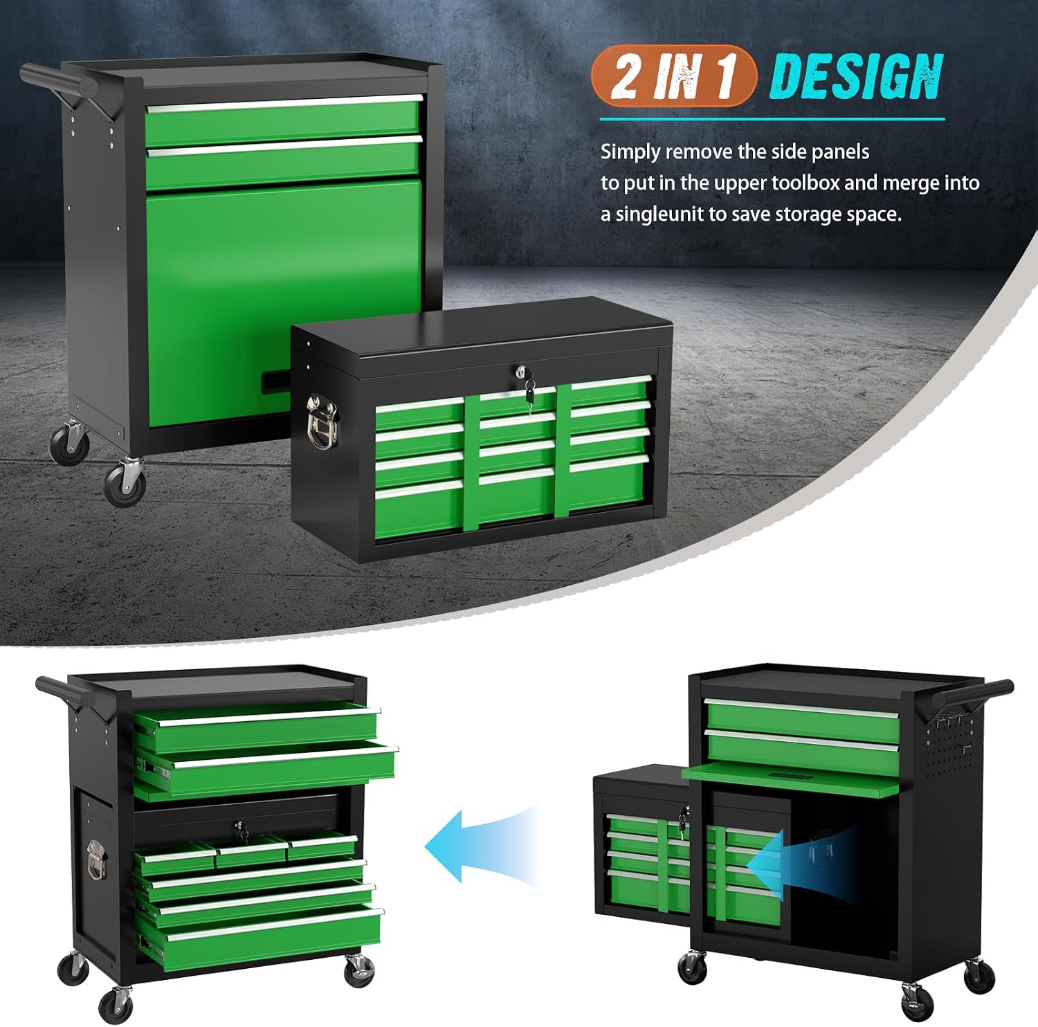 8-Drawer Rolling Tool Chest with Wheels, 2-in-1 Detachable Tool Box with Drawers and Large Cabinet, Rolling Tool Chest Storage Cabinet with Lockable for Warehouse, Garage, Workshop (BlackGreen)