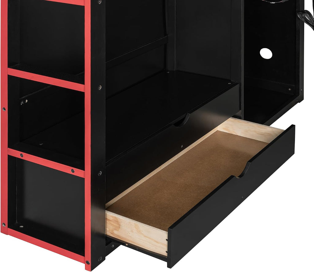 Full Size Gamer Loft Bed with Built-in Desk, RGB Lighting, USB Port & Storage, Gaming Bed with Wardrobe, Drawers for Kids, Teens, Adults (Red/G)