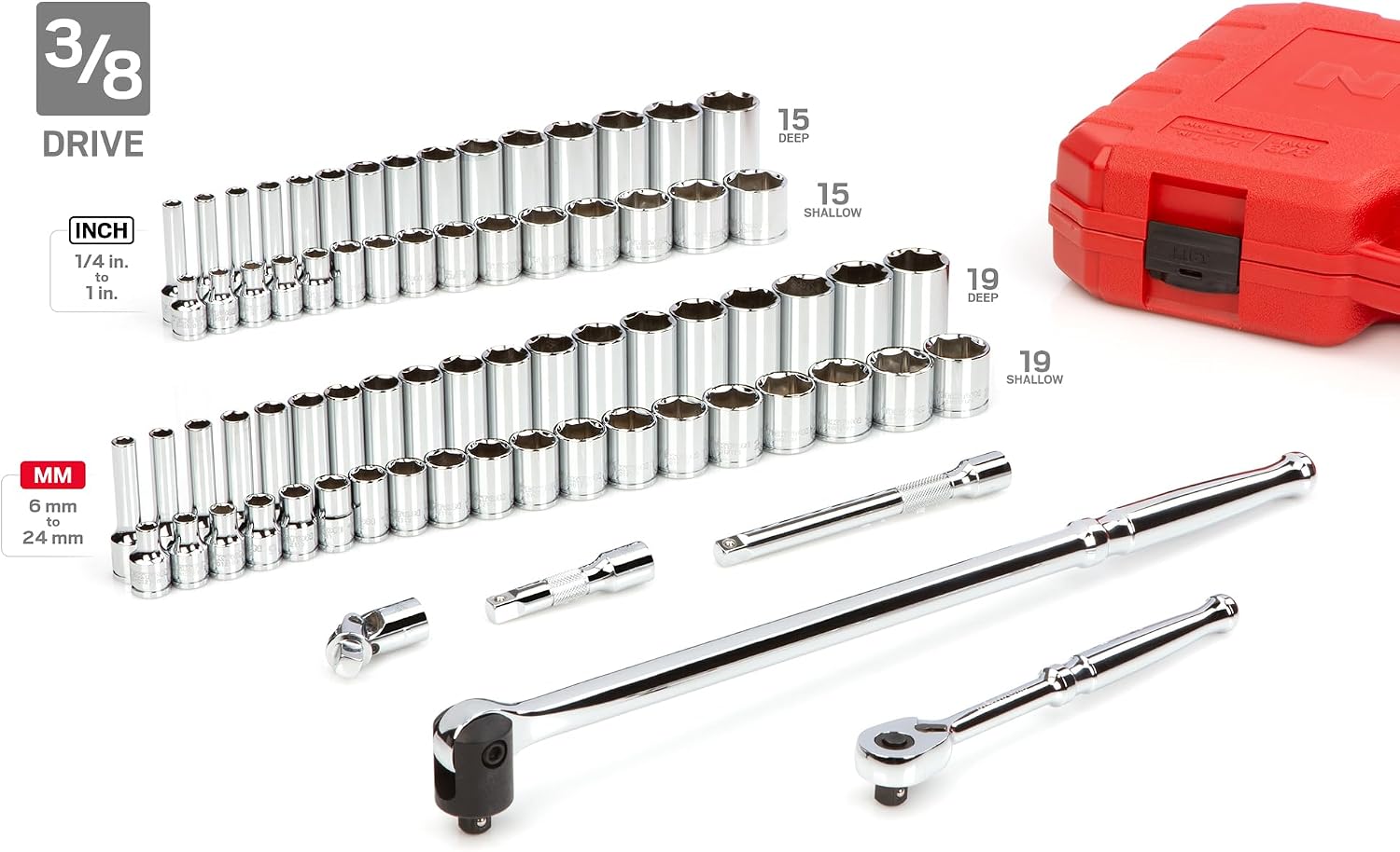 TEKTON 1/4, 3/8, 1/2 Inch Drive Shallow and Deep 6-Point Socket and Ratchet Set with Cases, 212-Piece (5/32-1-5/16 in., 4-32 mm) | SKT95304