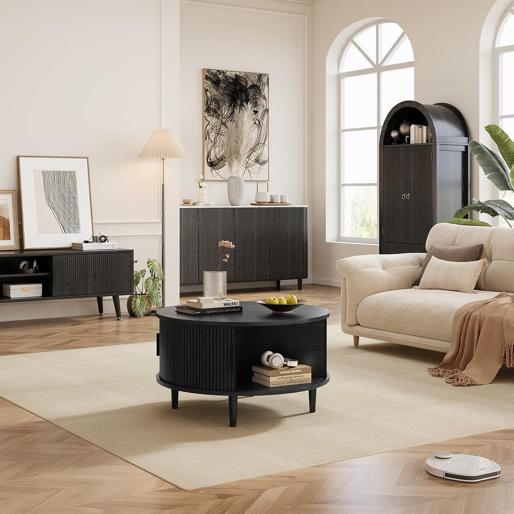 Round Coffee Table with Storage, Mid Century Modern Coffee Table, Fluted Dining Table with Sliding Door, Circle Coffee Table for Living Room Home Office, 31.5', Black