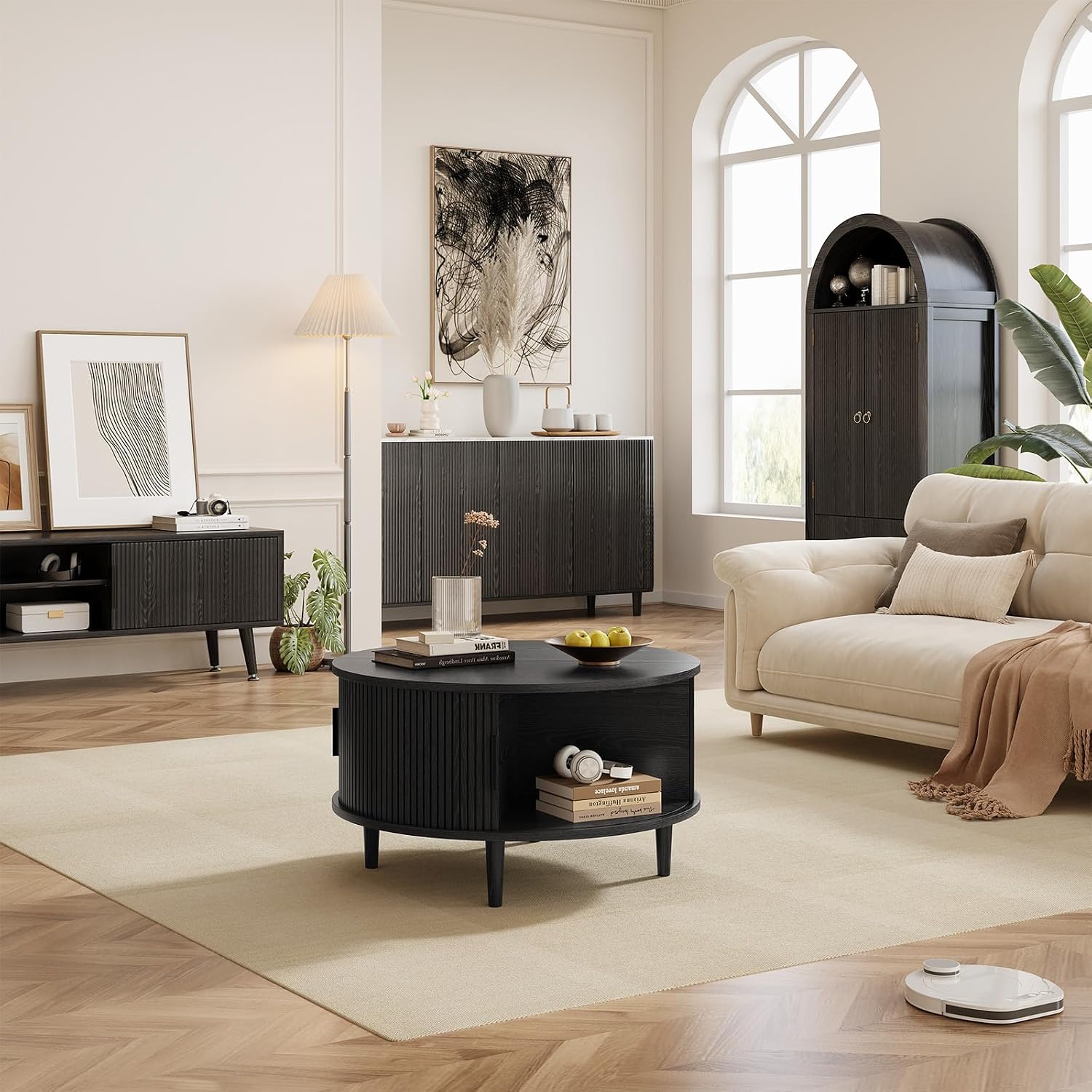 Round Coffee Table with Storage, Mid Century Modern Coffee Table, Fluted Dining Table with Sliding Door, Circle Coffee Table for Living Room Home Office, 31.5', Black