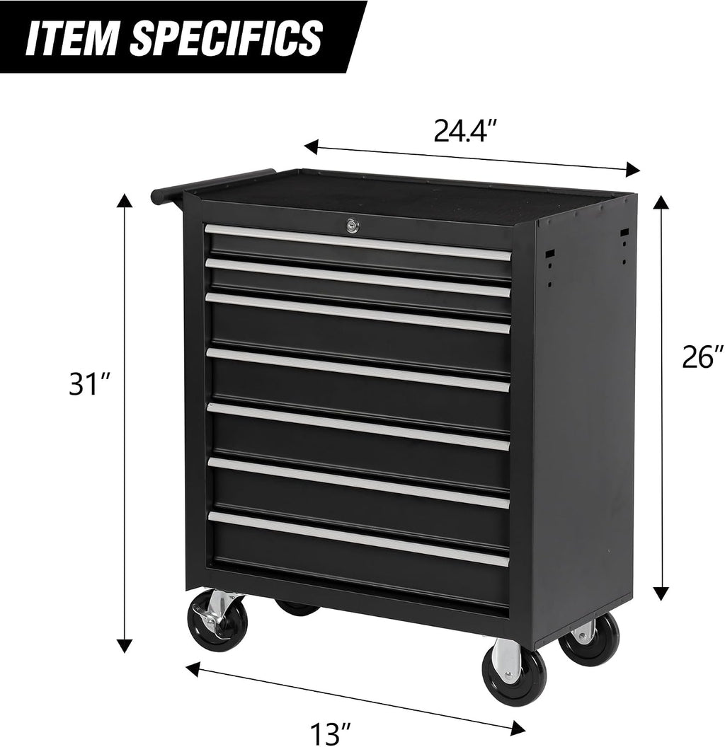 Rolling Tool Chest Cart with 7 Drawers,Storage Tool Cabinet on 4 Wheels. Lockable Tool Cart with Drawer Liners.Steel Tool Box Organizer for Garage,Repair Workshop-Black Plus