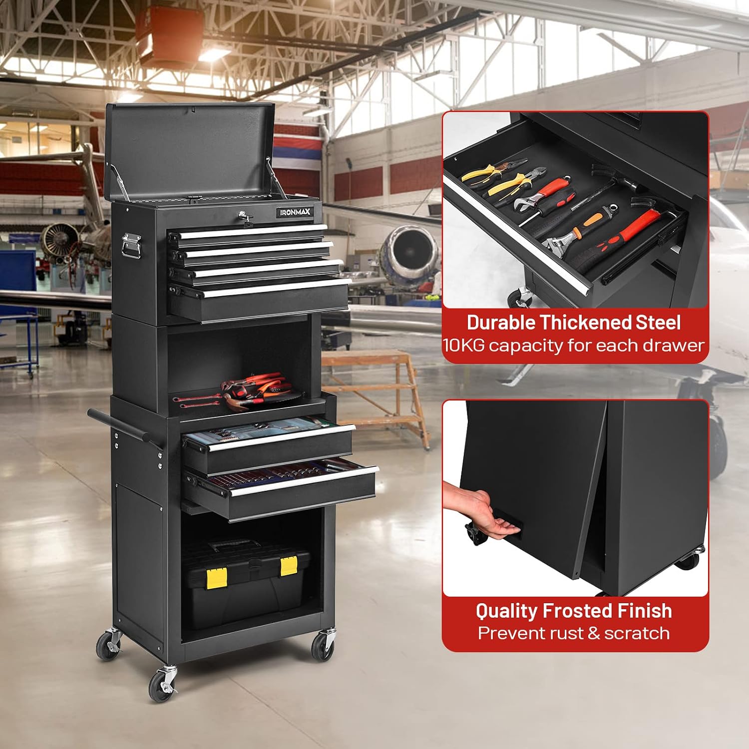 ERGOMASTER Rolling Tool Chest - Removable Top Box Large Bottom Cabinet with Casters and Lock System Tool-Box - Heighten 6-Drawer Black