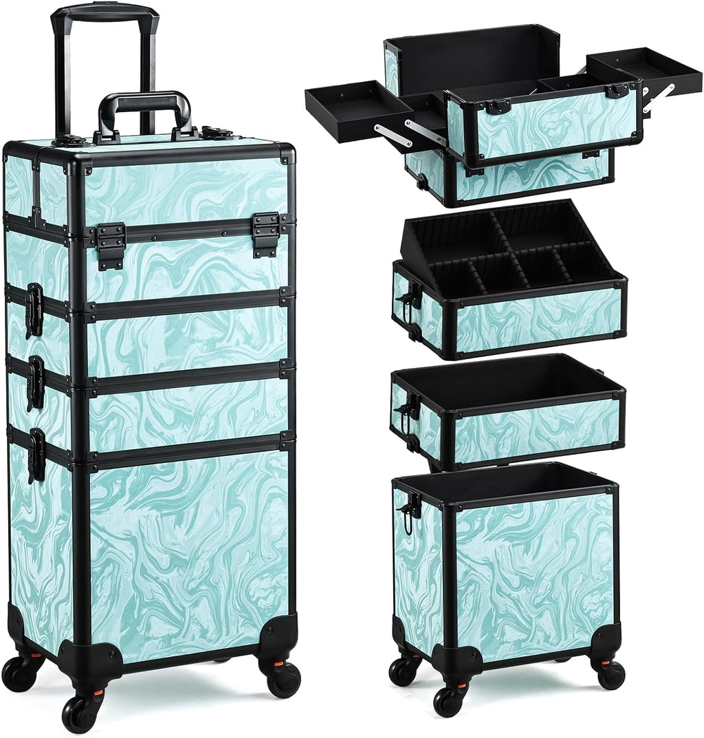 Yueieoun Rolling Makeup Case, 4 in 1 Makeup Case on Wheels, Professional Makeup Trolley, Cosmetic Train Case Makeup Cart Travel Trolley with Key for MUA, Hairstylists, Nail Tech, Turquoise Vitality