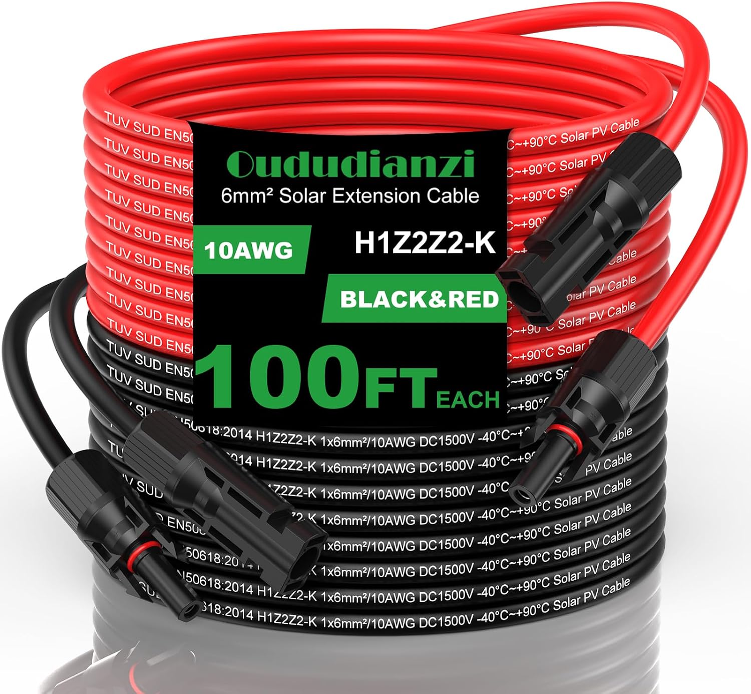 Oududianzi Solar Extension Cable 100Ft, Solar Wire 10AWG, Tinned Copper PV Cable 10Gauge, Solar Panel Wires and connectors for Home RV Boat Camping Off-Grid Solar System, Set of 2