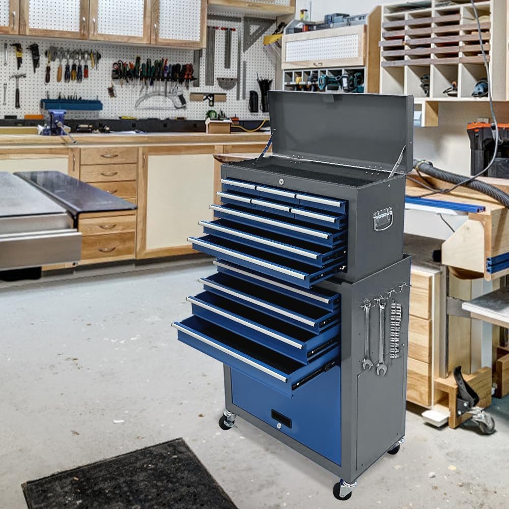 13-Drawer Tool Chest, Rolling Tool Box with Wheels, Tool Cabinets with Drawers, Top Detachable Toolbox with Hooks Handles for Workshop Mechanical Garage (Blue & Grey)