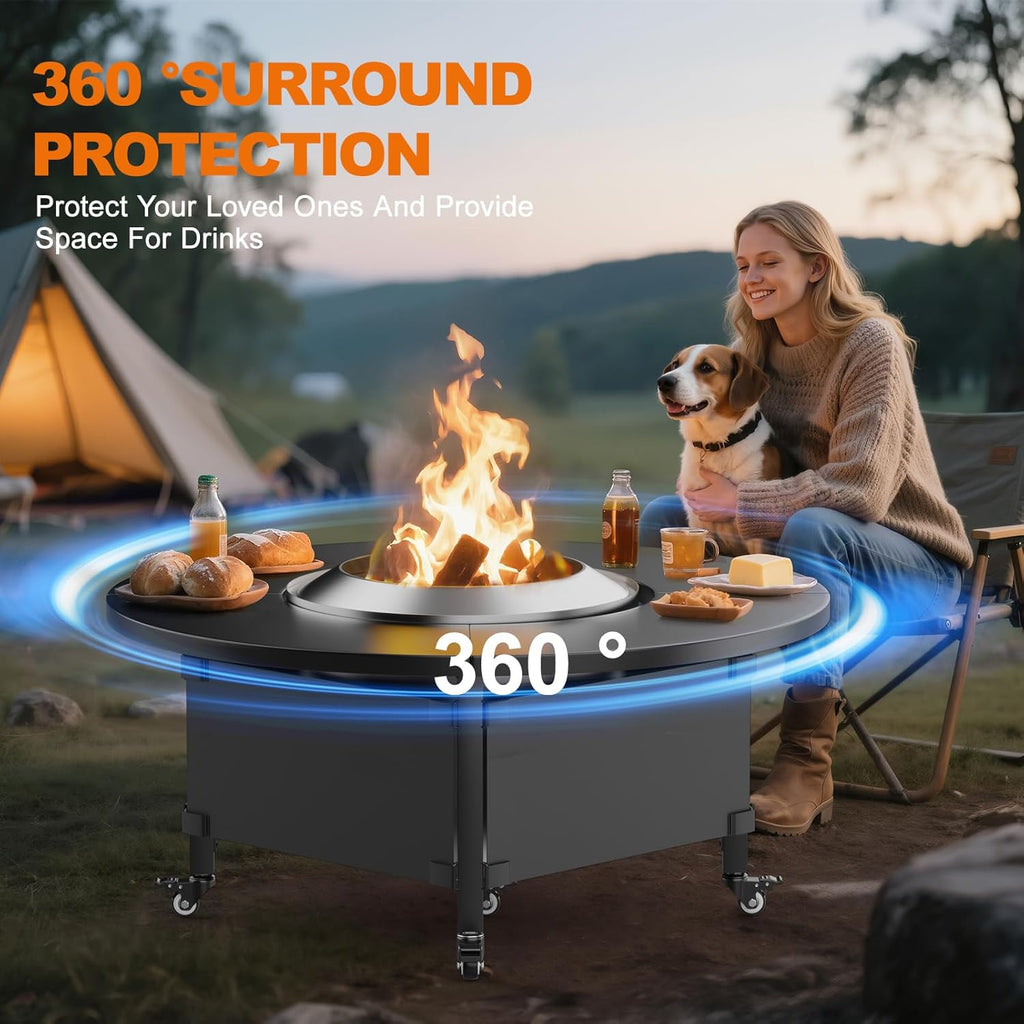 Fire Pit Surround Tabletop for Solo Stove Bonfire,Foldable Surround Table with Wheels for Safety & Easy Clean,42' Powder-Coated Steel Wood Burning Stove Surround Table Top,Accessories for Solo Stove