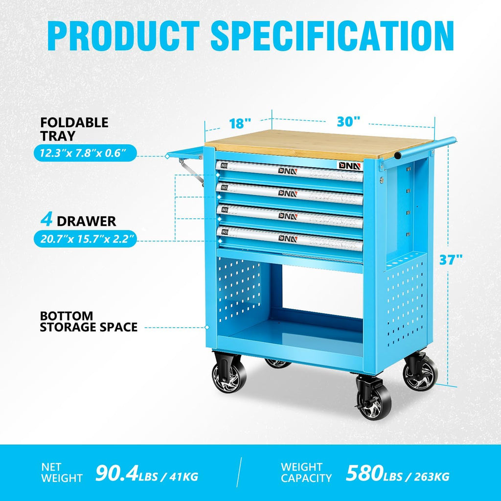 DNA Motoring 4-Drawer Rolling Tools Chest, Rolling Tool Storage Cabinet, Heavy Duty Mechanic Tool Cart, Trolley Organizer for Garage, Warehouse, Workshop, Blue, TOOLS-00484