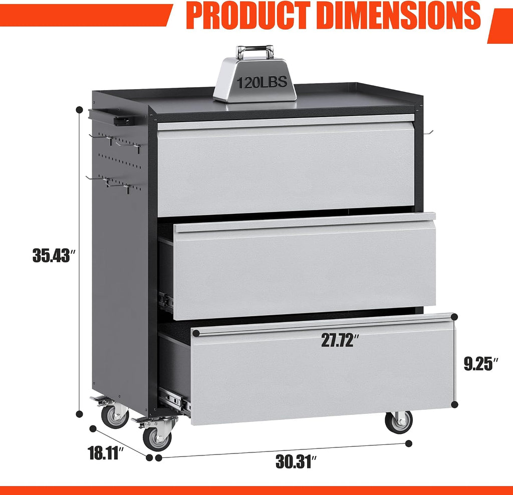 Aobabo Metal Garage Storage Cabinet with Wheels, 3-Drawer Rolling Tool Chest with Lockable Casters and Pegboards for Workshop Office, 35.43' H x 30.31' W x 18.11' D, Assembly Required, Black/Gray