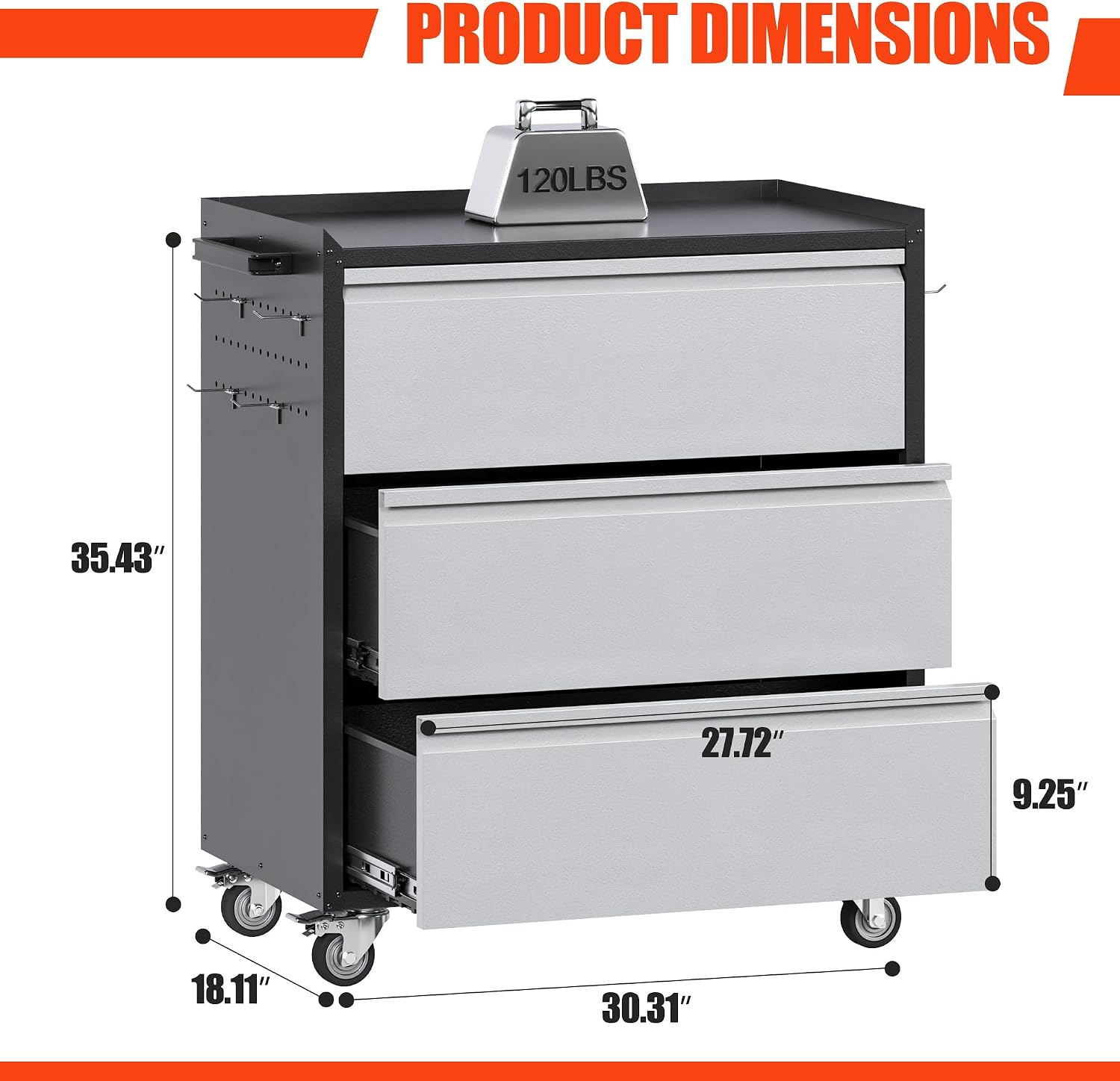 Aobabo Metal Garage Storage Cabinet with Wheels, 3-Drawer Rolling Tool Chest with Lockable Casters and Pegboards for Workshop Office, 35.43' H x 30.31' W x 18.11' D, Assembly Required, Black/Gray