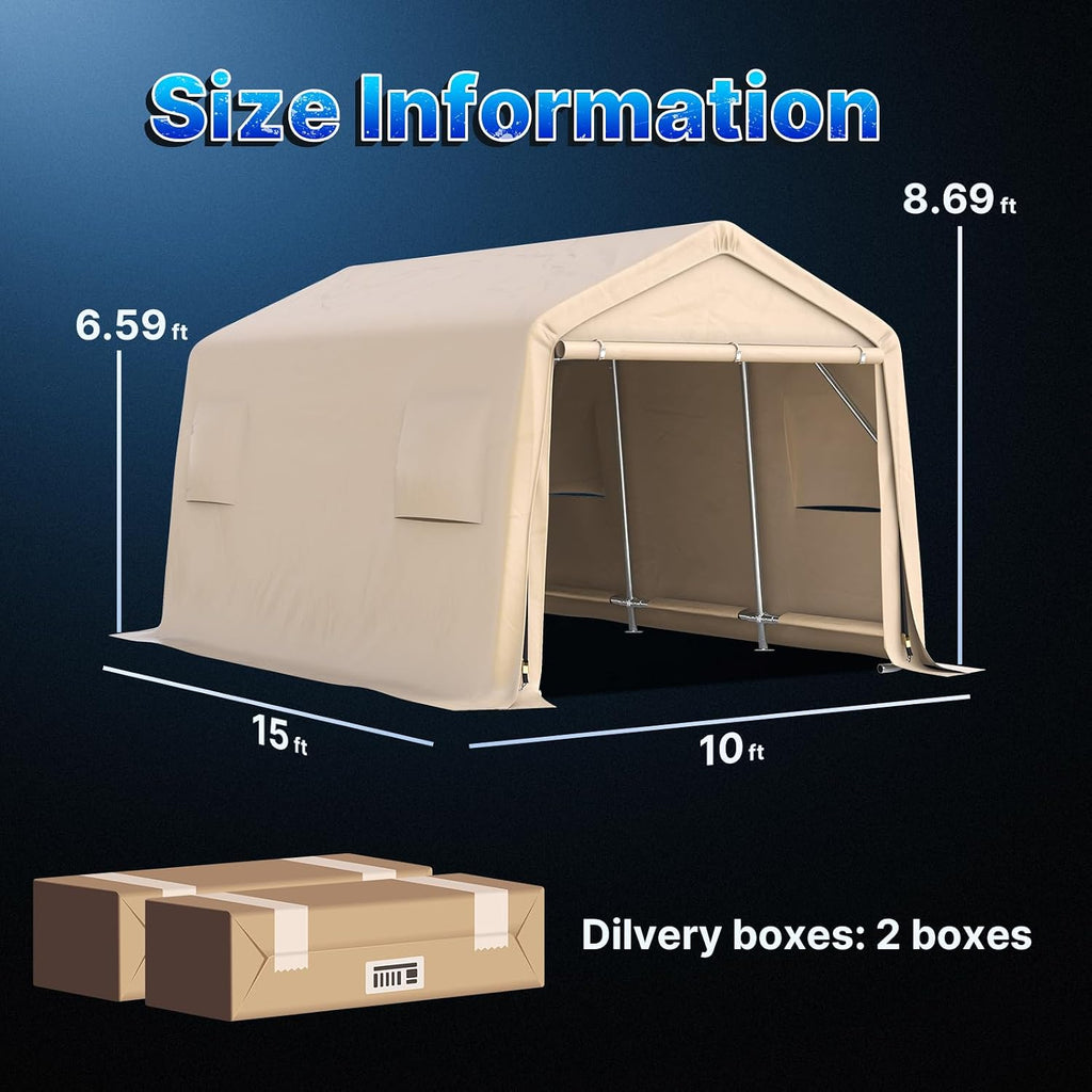 ADVANCE OUTDOOR 10X15 ft Garage Shelter Steel Metal Peak Roof Portable Storage Shed Carports for Motorcycle Boat, or Garden Tools with 2 Roll up Doors & Vents, Beige