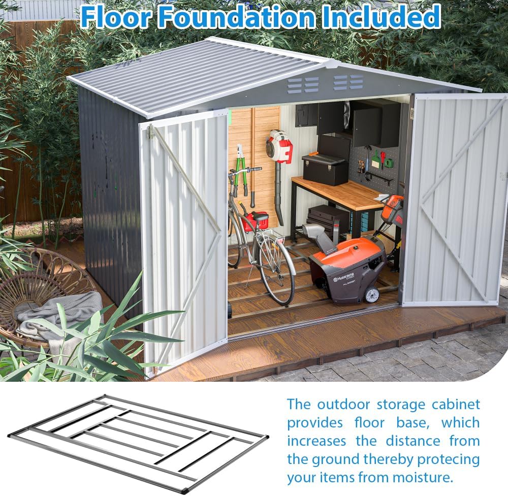 Large Outdoor Storage Shed 10x12 FT, Heavy-Duty Metal Garden Tool Organizer with Lockable Doors and Weather-Resistant Roof for Backyard (8x6 ft with Floor Frame)