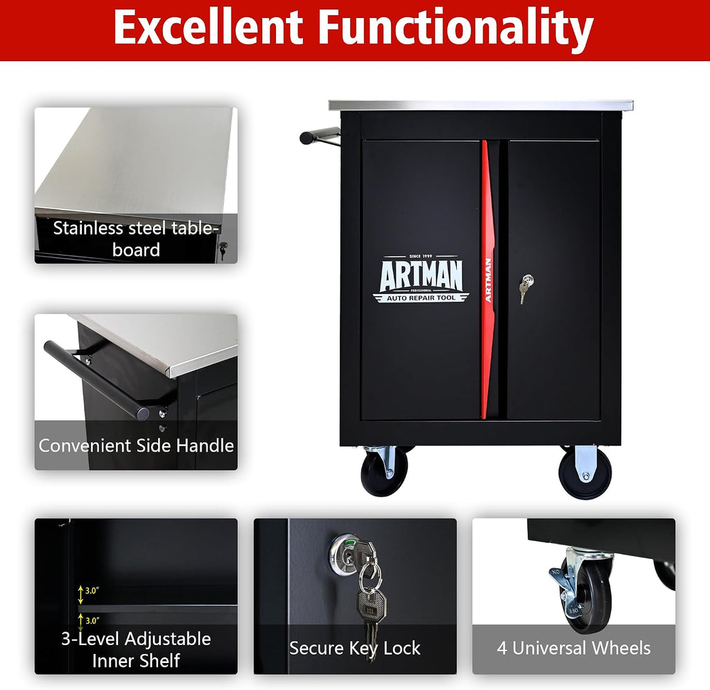 Double Door Rolling Tool Chest Cart.Movable and Lockable Partition with Lock Multi-Functional Hardware Storage Tool Car Auto Repair Locker.Tool Storage Cart for Garage,Workshop,Warehouse