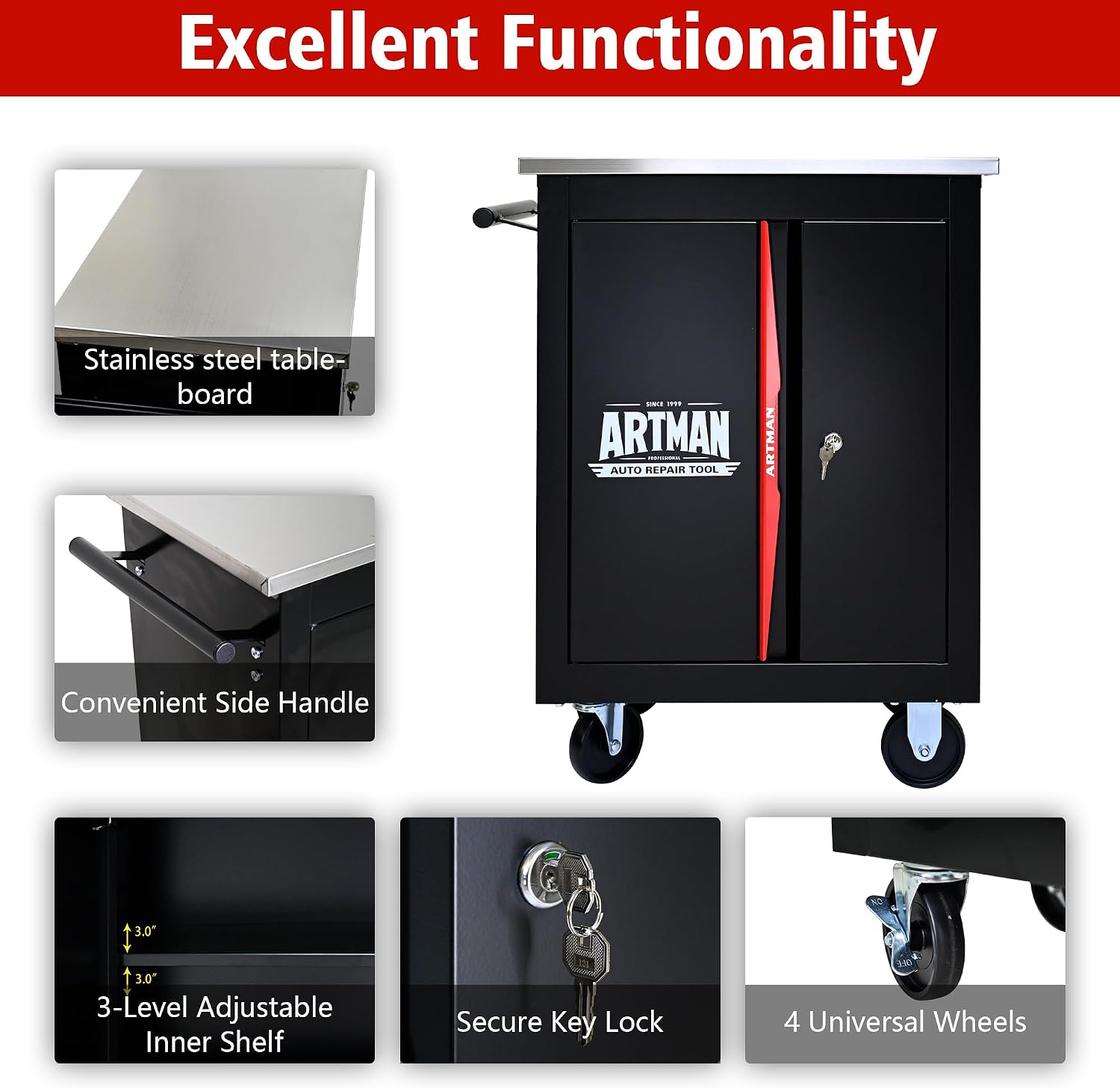 Double Door Rolling Tool Chest Cart.Movable and Lockable Partition with Lock Multi-Functional Hardware Storage Tool Car Auto Repair Locker.Tool Storage Cart for Garage,Workshop,Warehouse