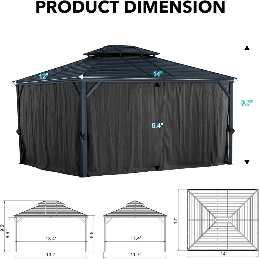 LeDoasis Nova 12' X 14' Hardtop Gazebo, Permanent Aluminum Metal Canopy with Galvanized Steel Double Roof, for Patio Lawn and Garden, Curtains and Netting Included