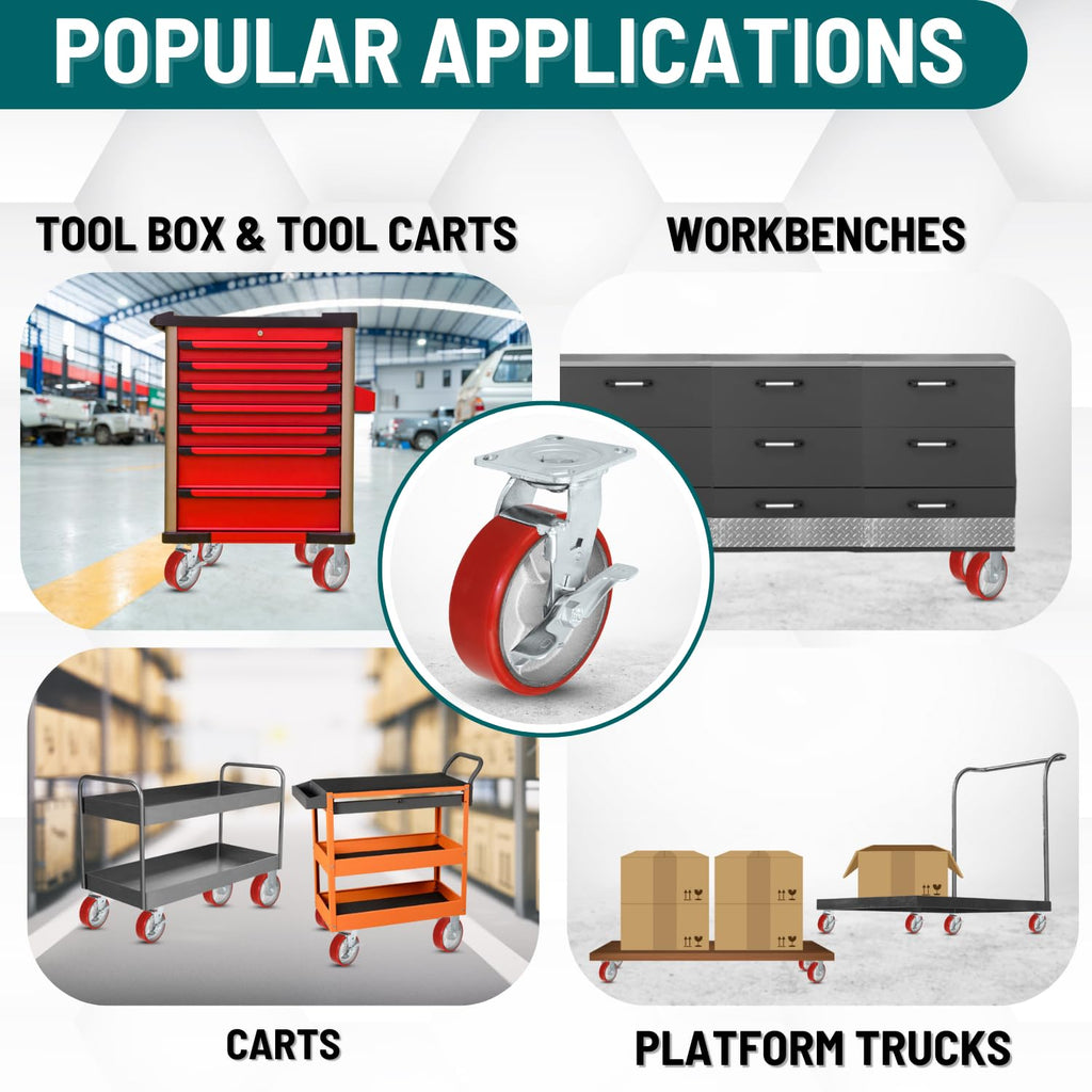 6 x 2 Heavy Duty Caster Set with Red Polyurethane on Steel Wheels, 1,200 lbs Capacity per Caster, 6' Size (4 Pack), Toolbox casters