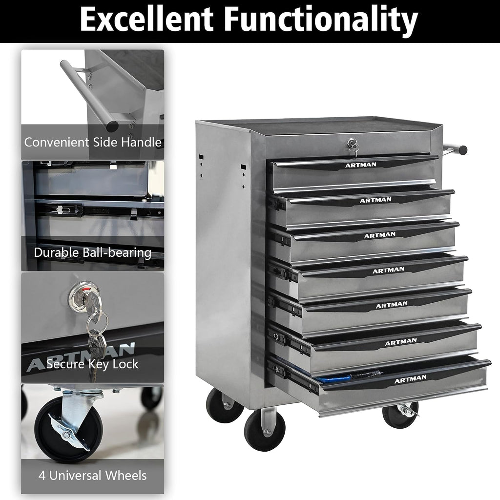 Rolling Tool Chest Cart with 7 Drawers,Storage Tool Cabinet on 4 Wheels. Lockable Tool Cart with Drawer Liners.Steel Tool Box Organizer for Garage,Repair Workshop-Silver