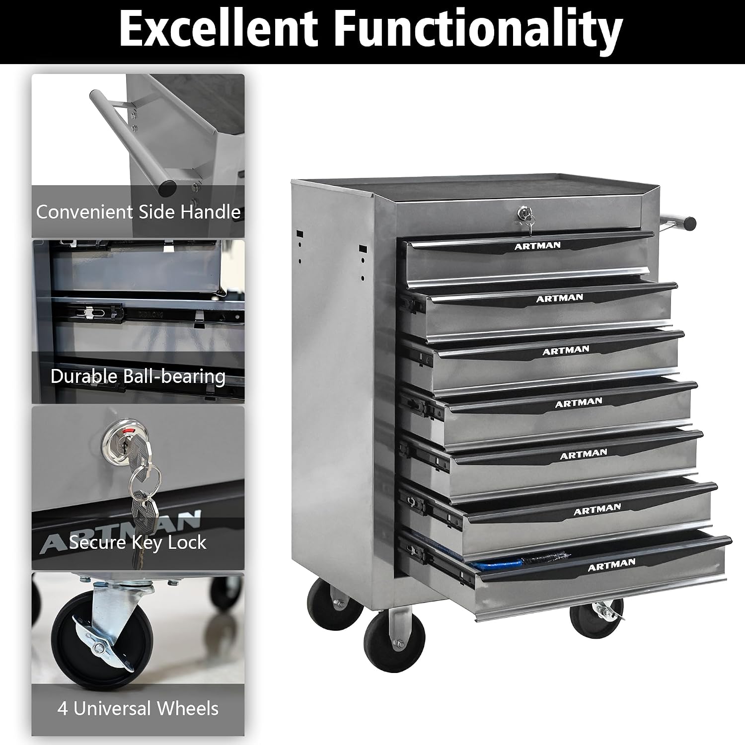 Rolling Tool Chest Cart with 7 Drawers,Storage Tool Cabinet on 4 Wheels. Lockable Tool Cart with Drawer Liners.Steel Tool Box Organizer for Garage,Repair Workshop-Silver