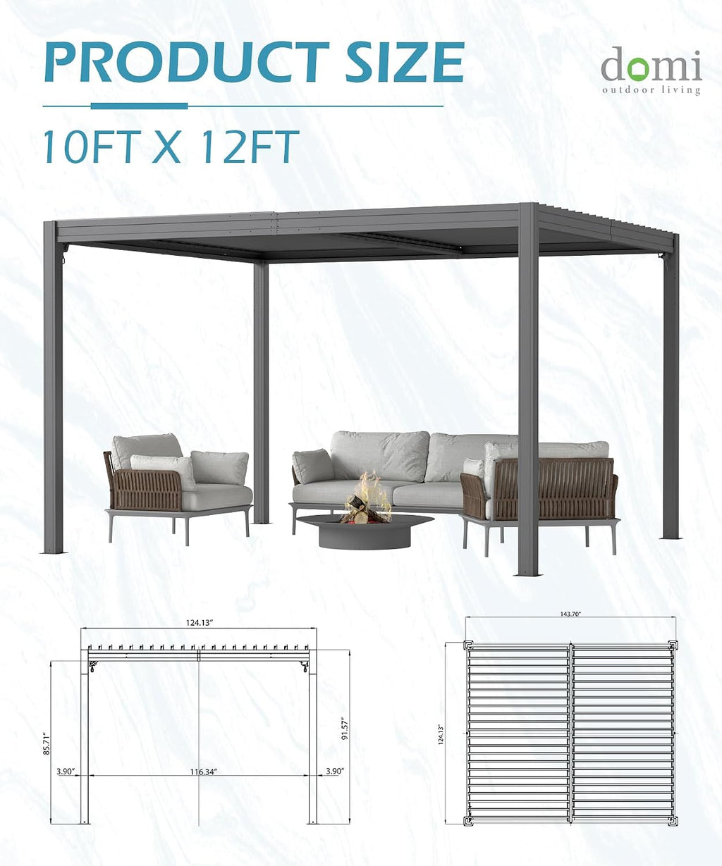 Domi 10x12FT Outdoor Louvered Pergola with Adjustable Roof, Alloy Rainproof Pergola for Backyard, Garden and Lawn,Gray