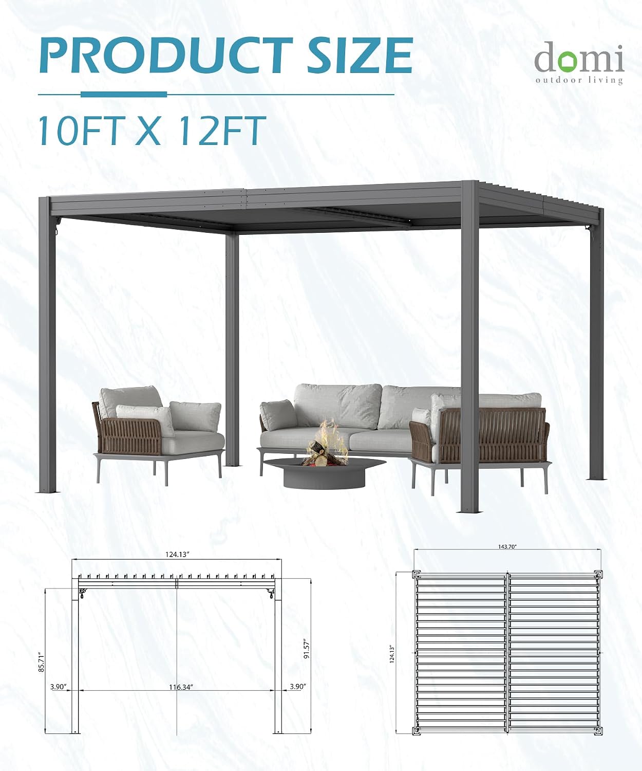 Domi 10x12FT Outdoor Louvered Pergola with Adjustable Roof, Alloy Rainproof Pergola for Backyard, Garden and Lawn,Gray