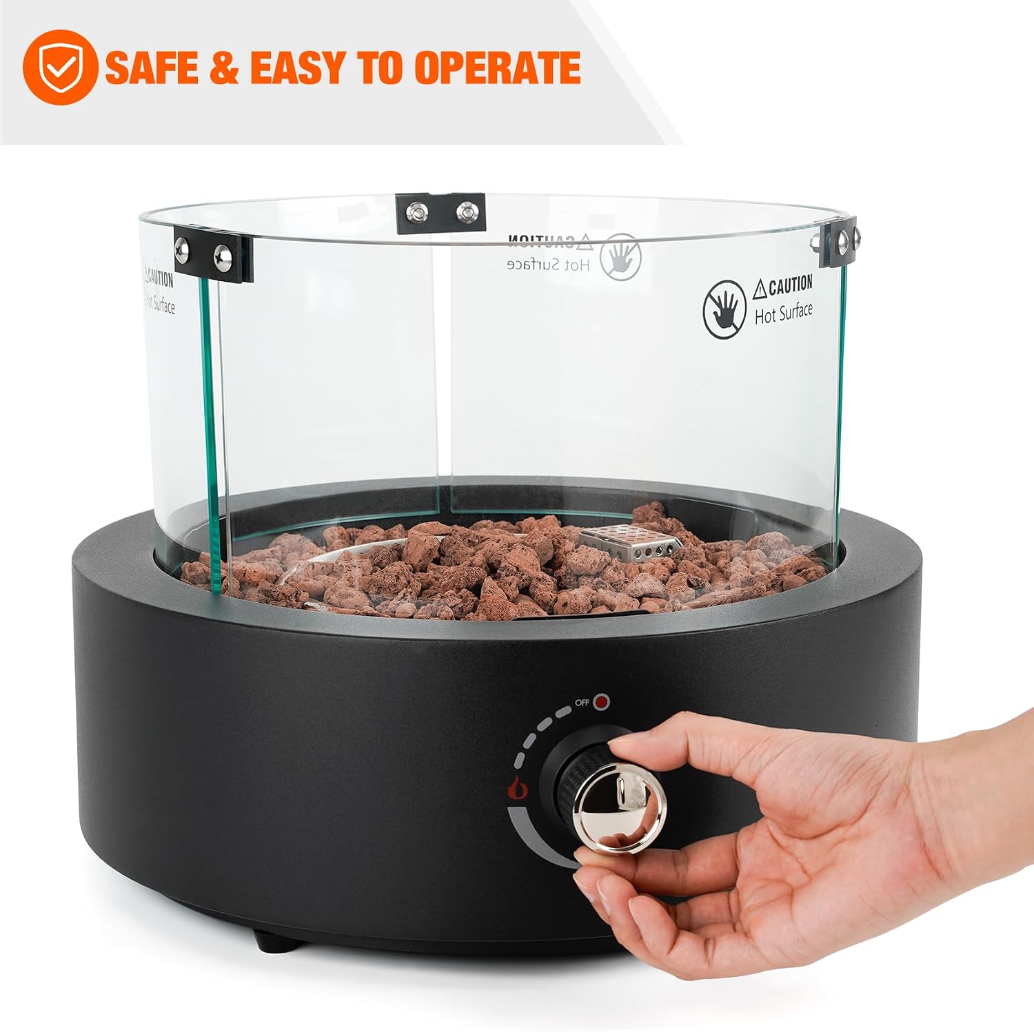 15.7' Portable Propane Gas Fire Pit Side-Mounted, Modern Tabletop Fireplace Smokeless Firepit with Glass Wind Guard for Patio Camping RV Tailgating, 23000BTU, Round FP038