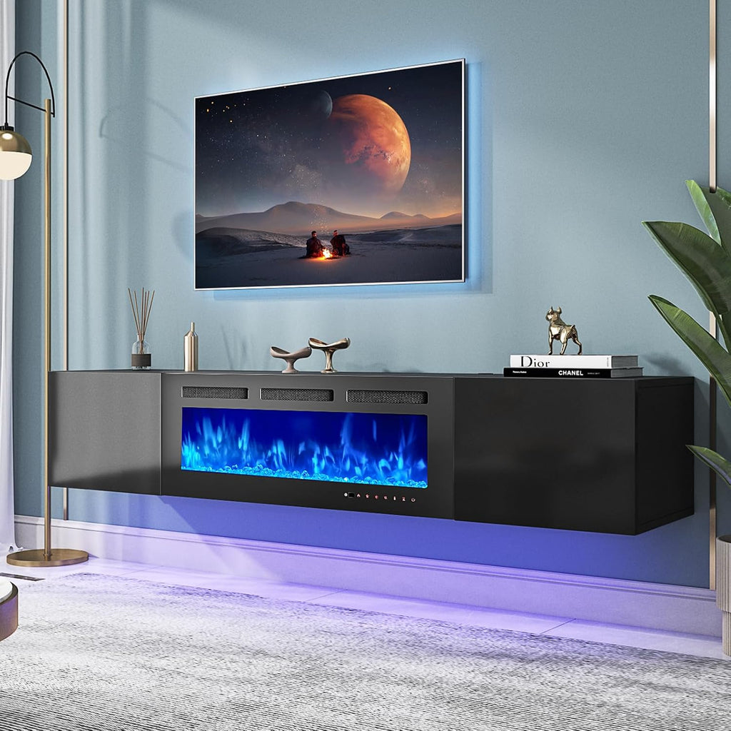 oneinmil 80' Floating TV Stand with 40' Electric Fireplace, Modern Entertainment Center with Storage, Adjustable 12-Color LED Lights, Fire Place TV Console for Living Room, All Black