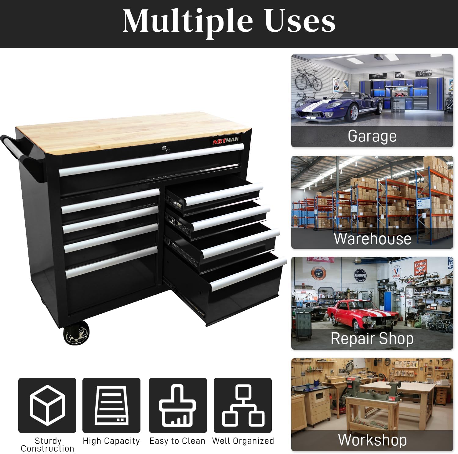 Heavy Duty Rolling Tool Chest with 9-Drawer Wood Top Tool Cart Mechanic Tool Box with Wheels Tool Storage Cabinet Mobile Workbench Tool Bench for Garage, Warehouse, Workshop, Repair Shop (Black)