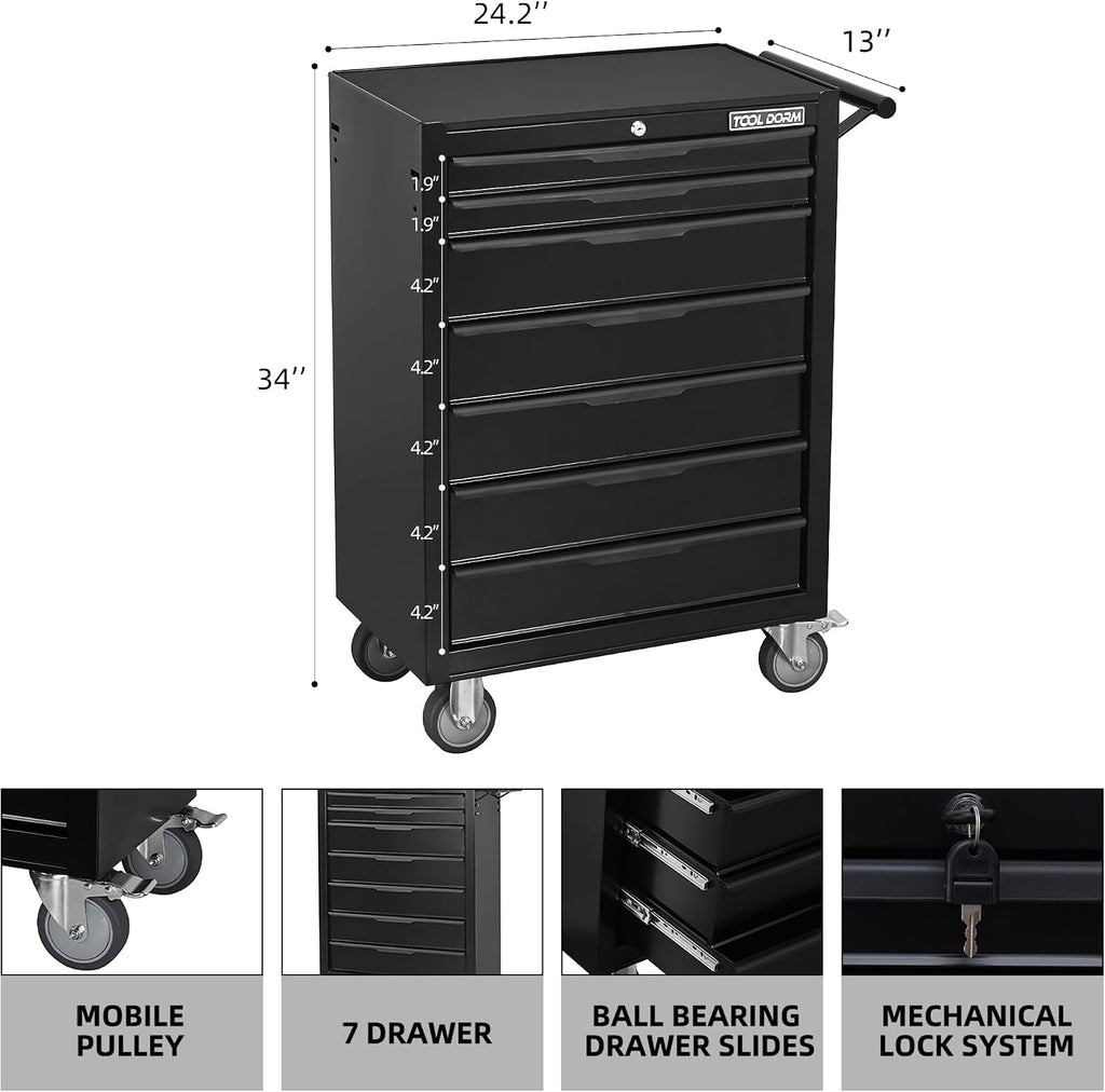 Tool Box Rolling Tool Cabinets, 24.2inch Rolling Toolbox with 7 Drawers, Metal Tool Chest with Wheels Tool Cart for Garage, Warehouse, Repair Shop, Workshop