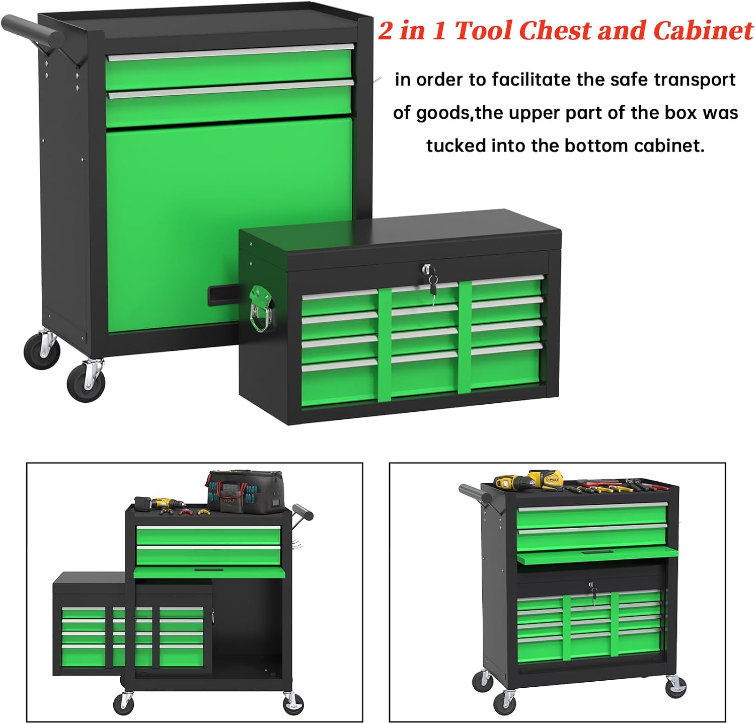 High Capacity Rolling Tool Boxes with Wheels and Drawers, 8-Drawer Storage Cabinet,Detachable Organizer Combo,Mobile Lockable Toolbox for Workshop Mechanics Garage (Blackgreen)